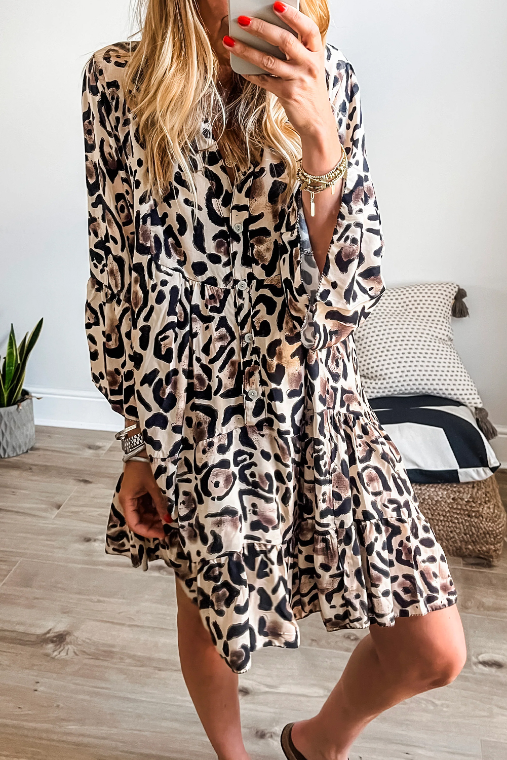 Khaki Leopard Print Buttoned Front 3/4 Sleeve Tiered Ruffled Hem Dress - loveforevers