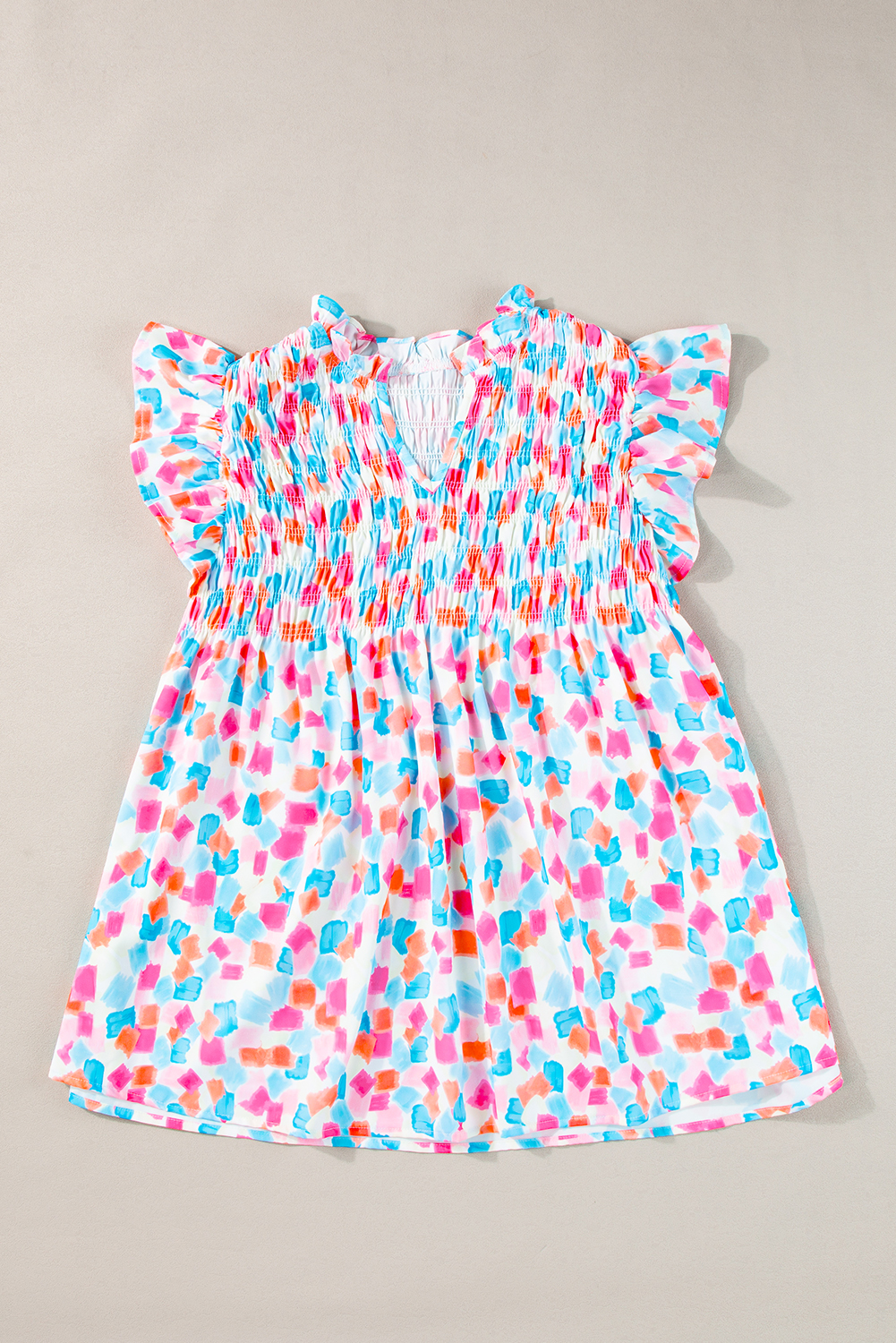 Sky Blue Shirred Yoke Ruffled Abstract Printed Blouse - loveforevers