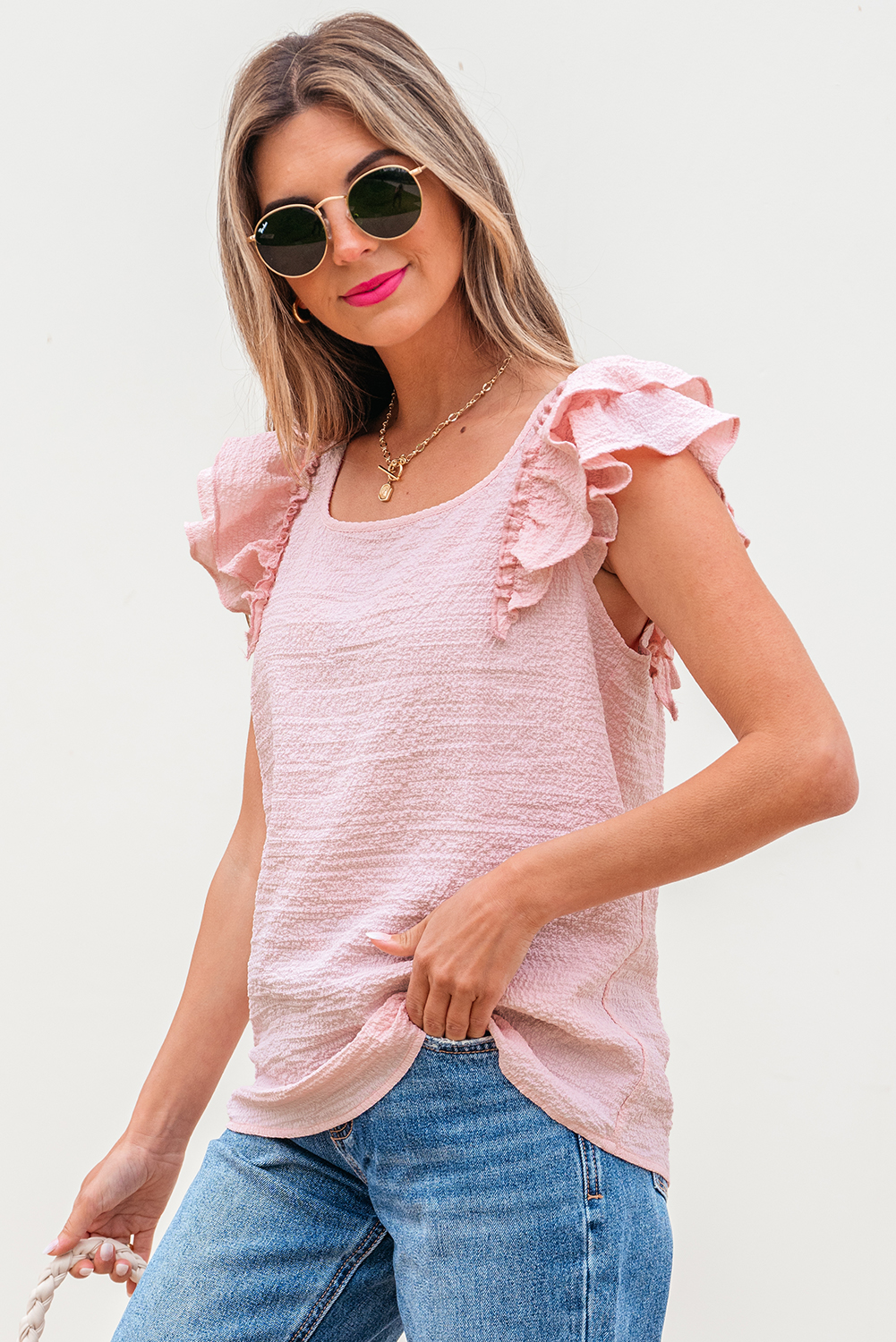 Beau Blue Textured Bow Knot Frilled Butterfly Sleeve Blouse - loveforevers