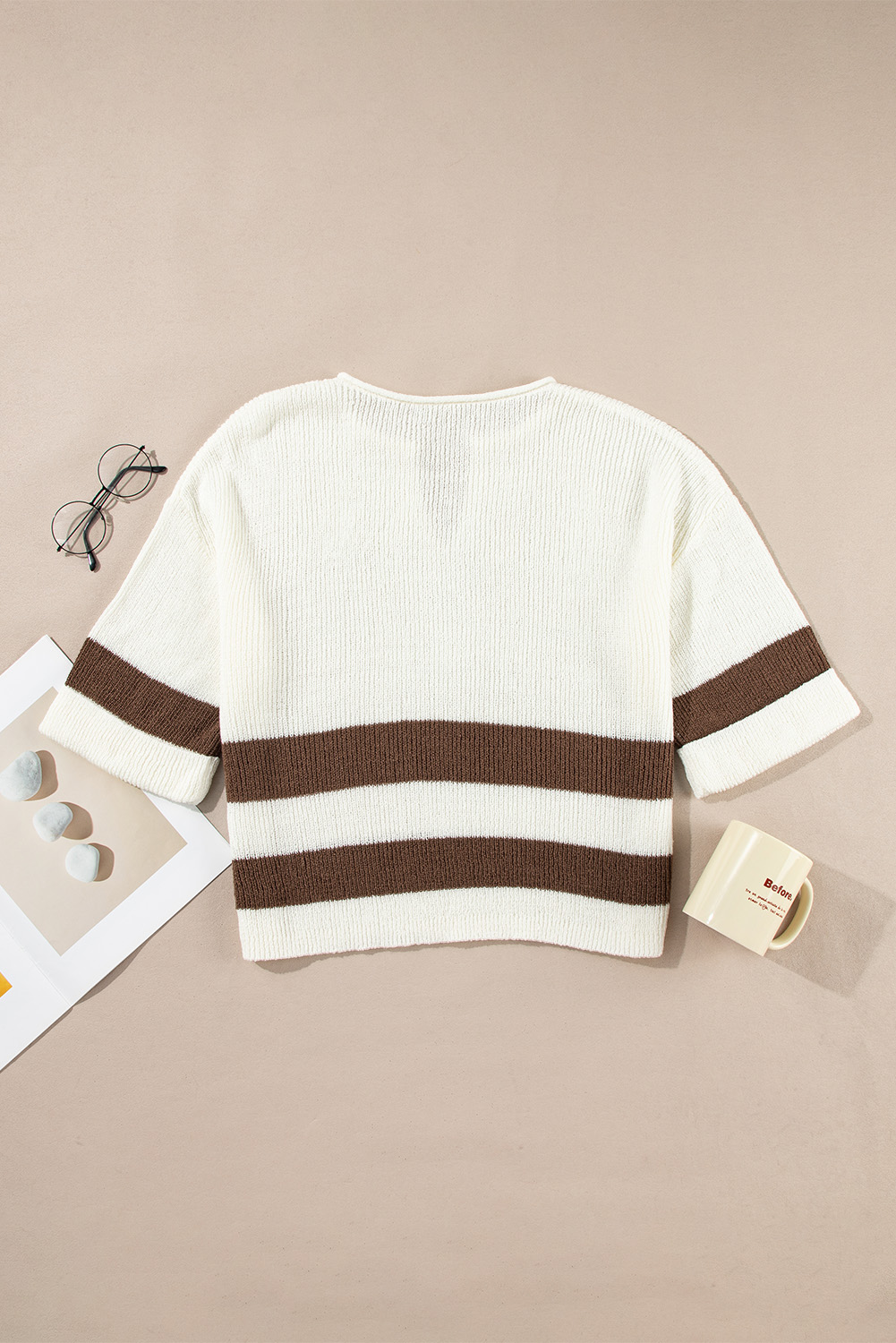 Brown Striped Accent Notched V Neck Cropped Sweater T Shirt - loveforevers