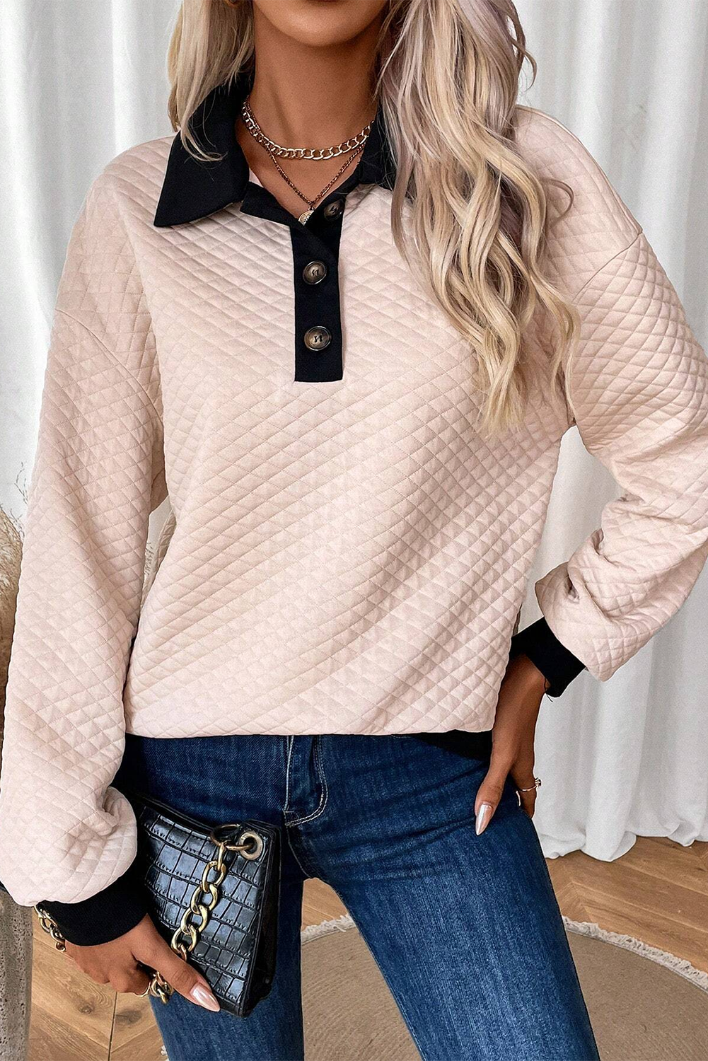 Oatmeal Textured Colorblock Edge Buttoned Collar Sweatshirt - loveforevers