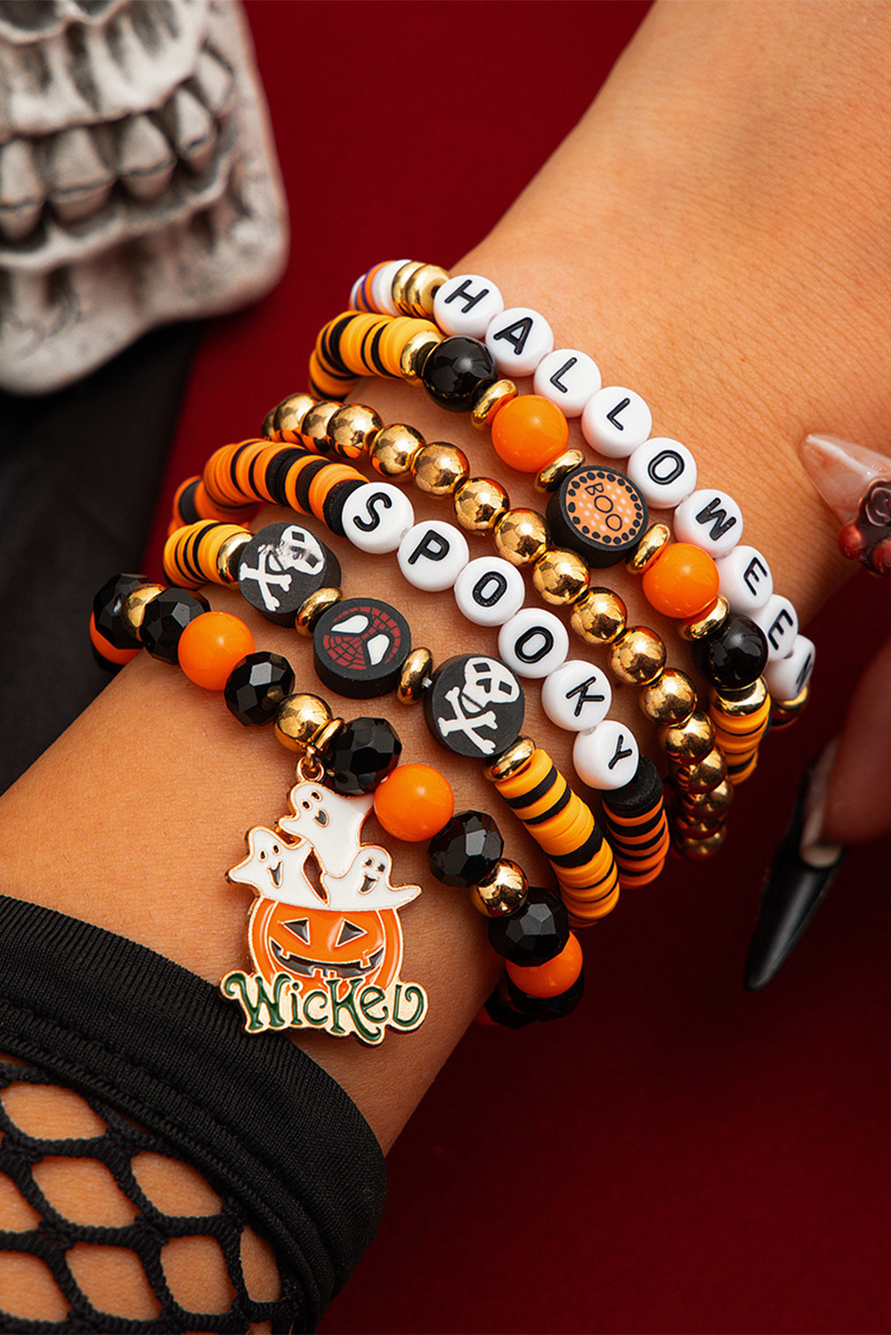 Carrot 6pcs Layered Halloween Pumpkin Ghost Spider Man Charm Stretch Bracelet Set - loveforevers