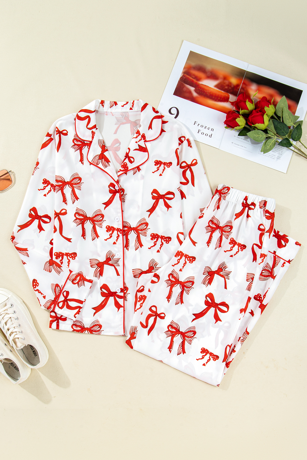 Red Christmas Bow Print Long 2pcs Pajama Set - loveforevers