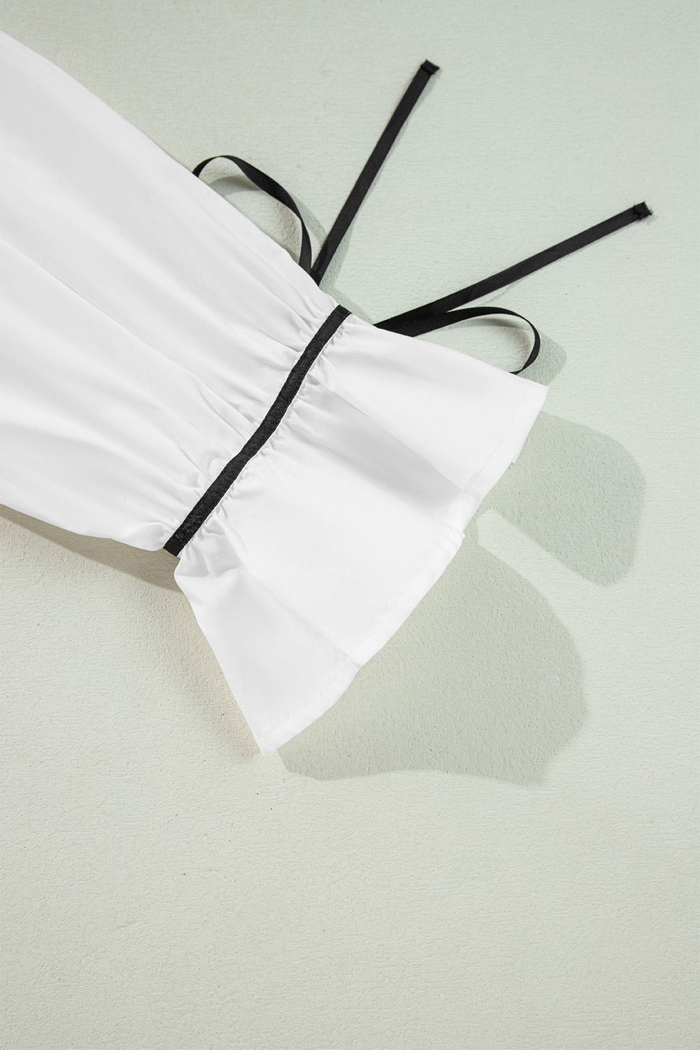 White Black Pipping Ribbon Bowtie Collared Ruffled Puff Sleeve Shirt - loveforevers
