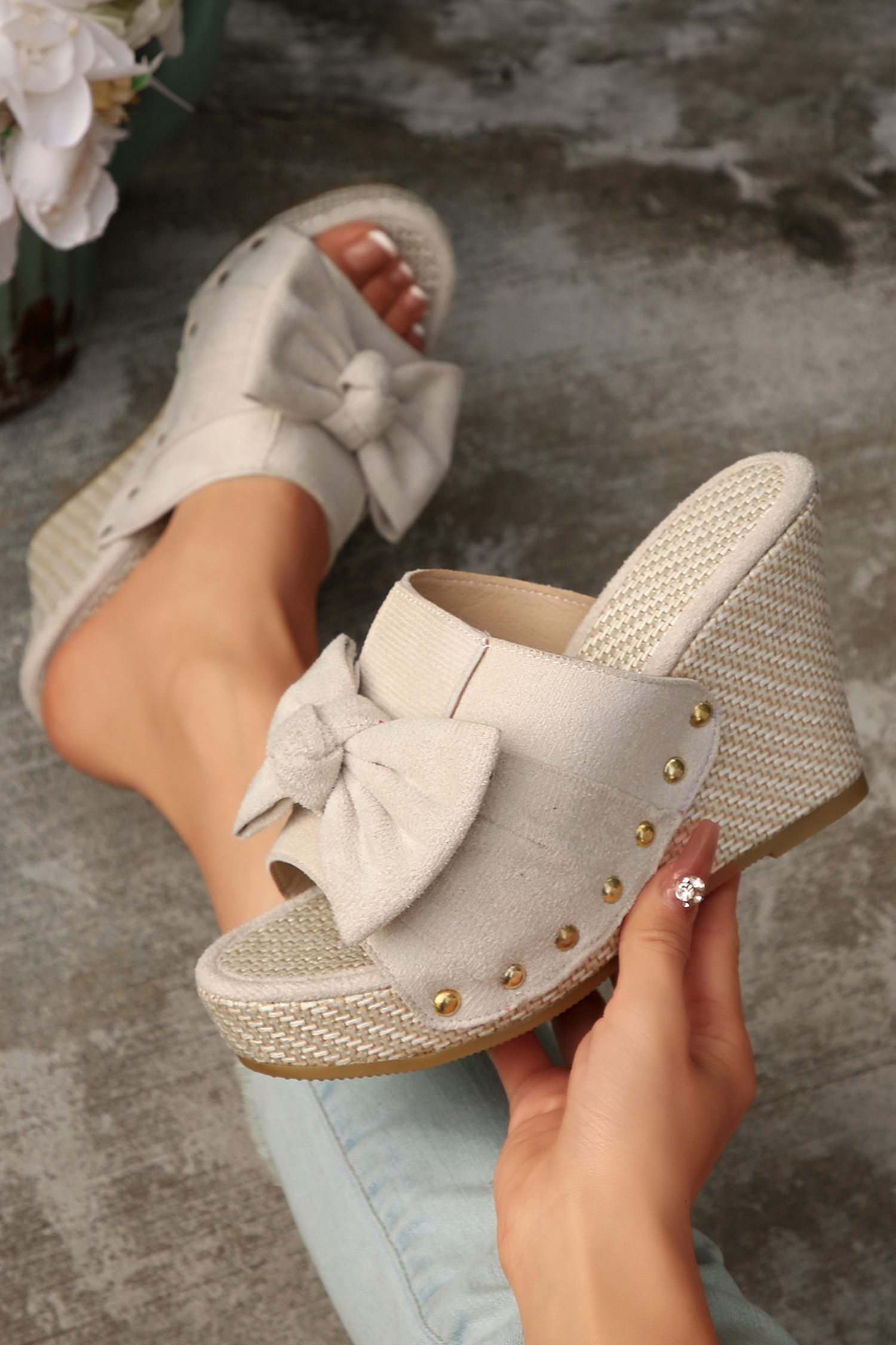 Oatmeal Cute Bow Knot Studded Wedge Platform Slippers - loveforevers