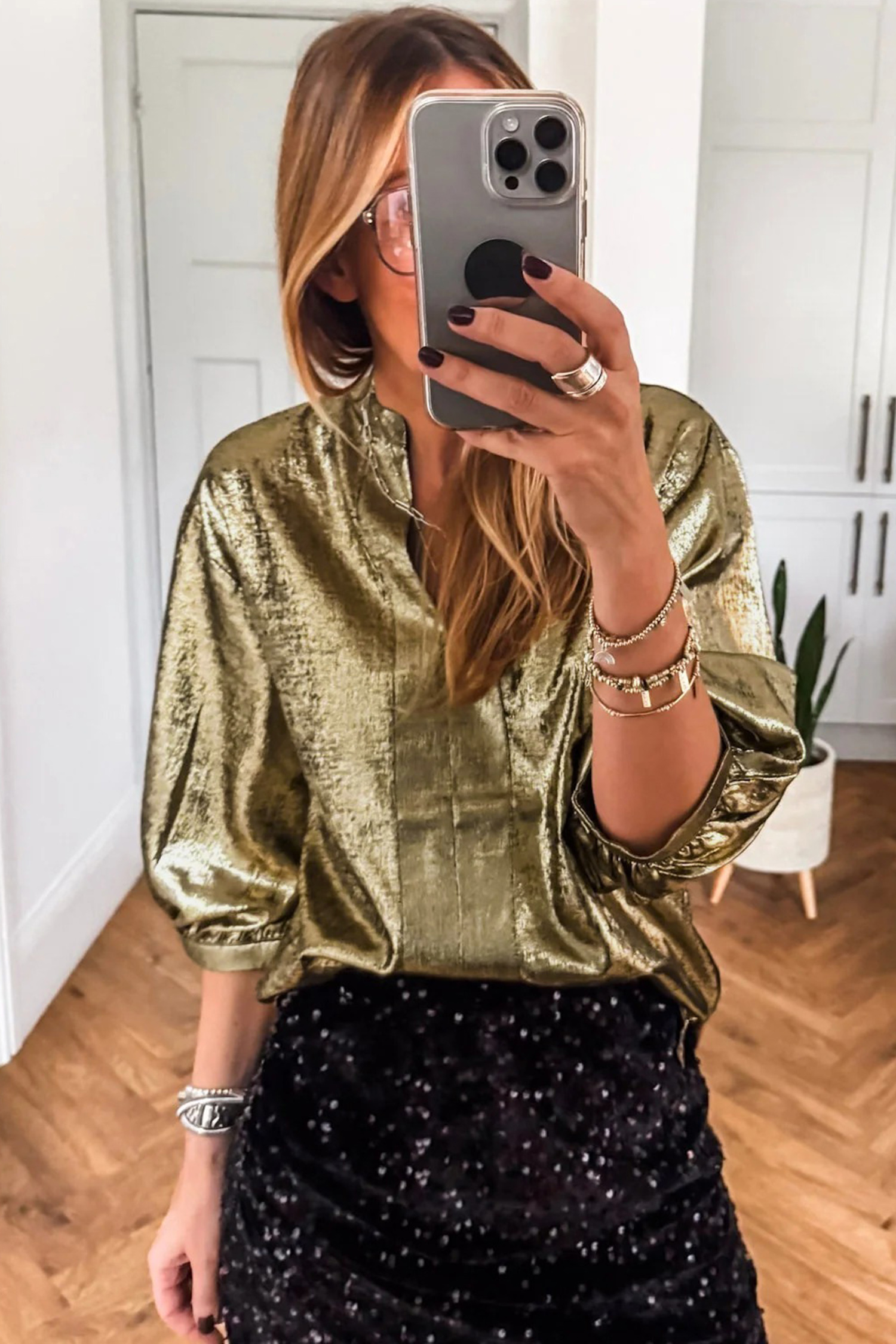 Apricot Metallic Round Neck Smocked Long Sleeve Blouse - loveforevers