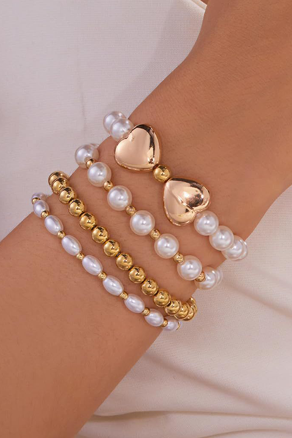 Gold Heart Pearl Plated Beaded Elastic Bracelet Set - loveforevers