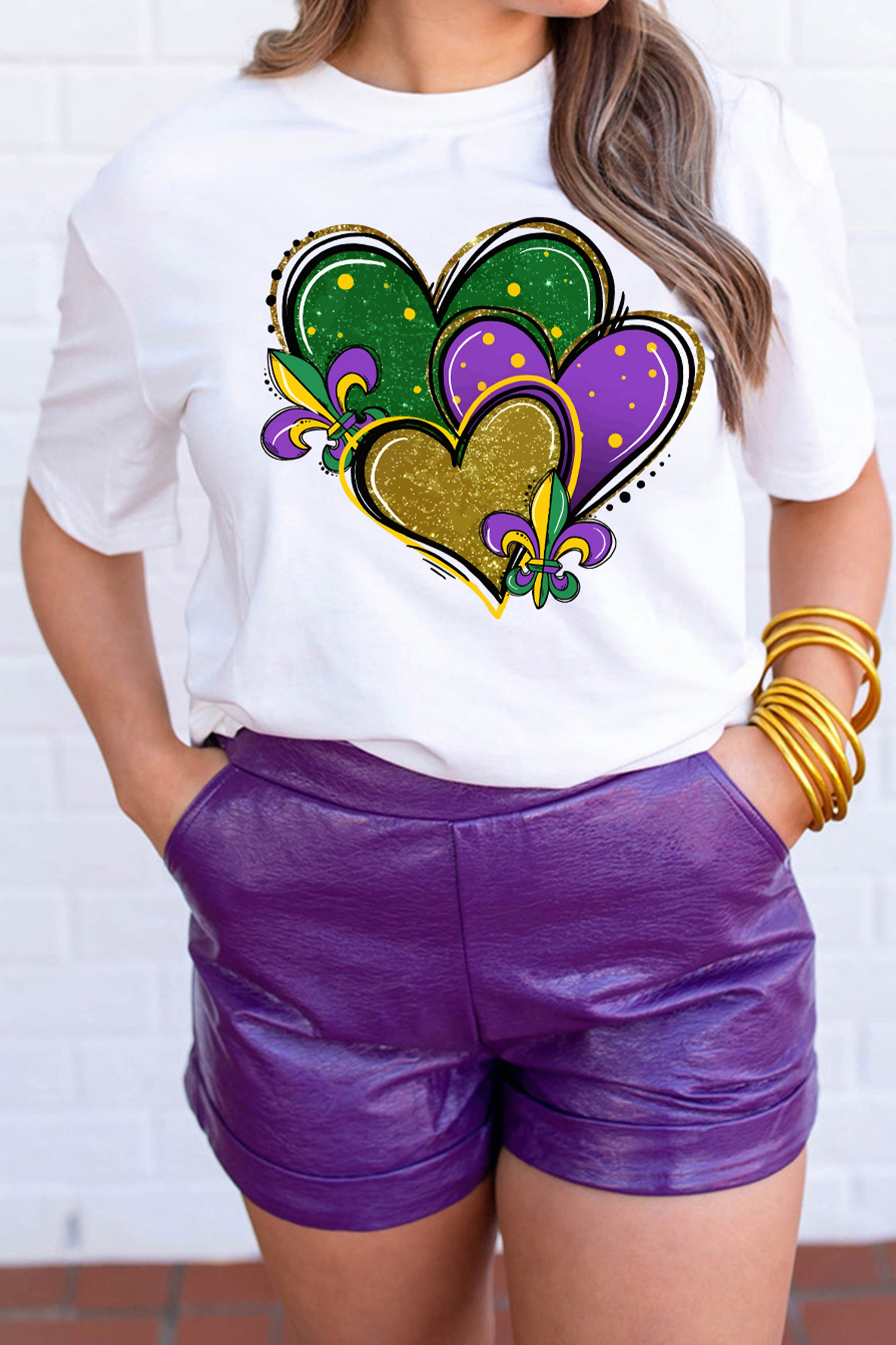White Mardi Gras Tricolor Heart Print Womens Casual Tee - loveforevers