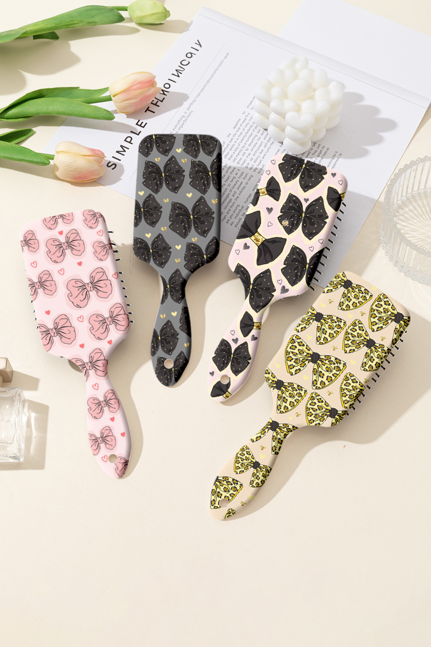 Pink Cute Bow Tiny Heart Printed Air Cushion Comb - loveforevers