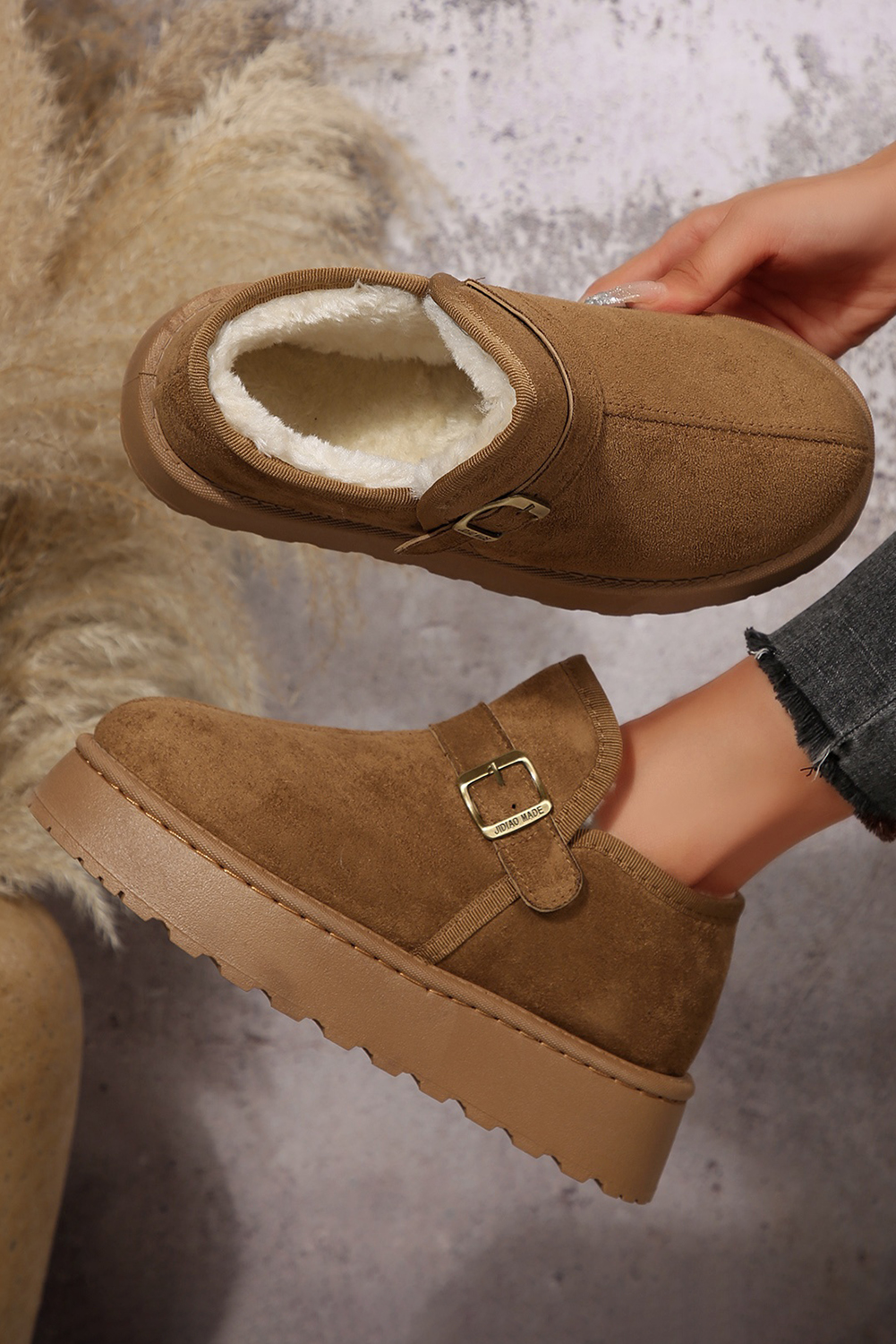 Coffee Buckle Detail Round Toe Platform Cozy Winter Boots - loveforevers