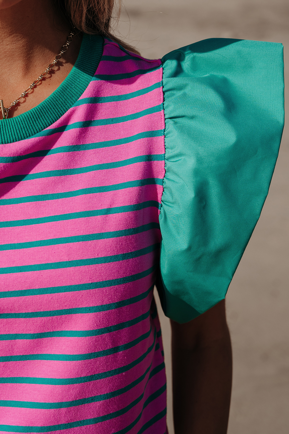 Pink Stripe Collared V Neck Puff Sleeve T Shirt Dress - loveforevers