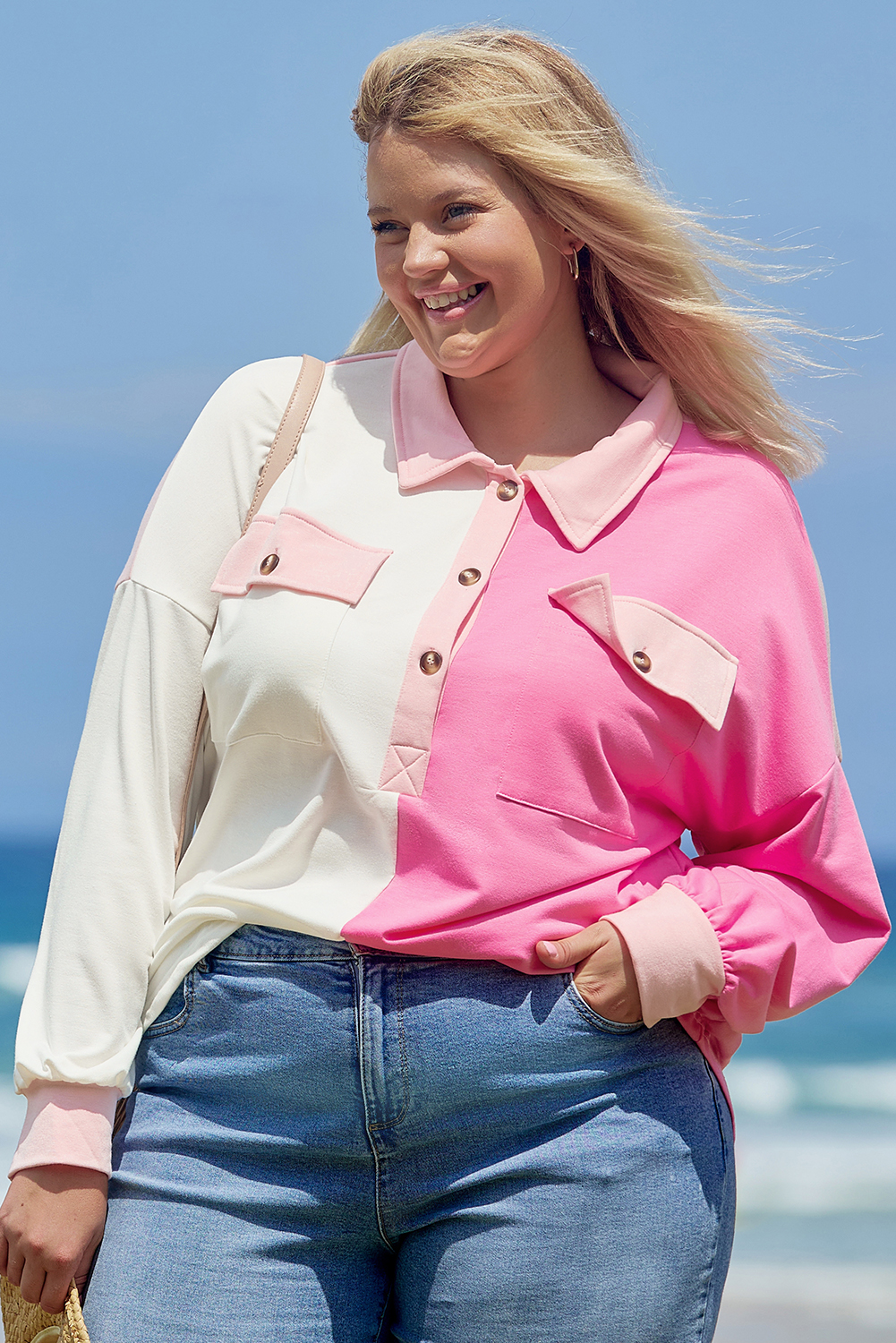 Bonbon Color Block Chest Pockets Half Button Plus Size Sweatshirt - loveforevers