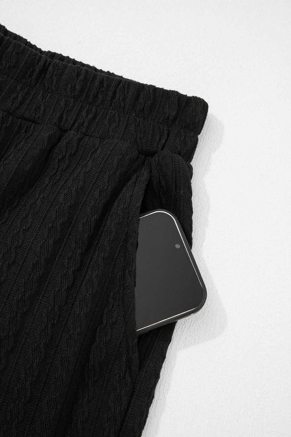 Black Textured Chest Pocket Long Sleeve Top 2Pcs Pants Set - loveforevers