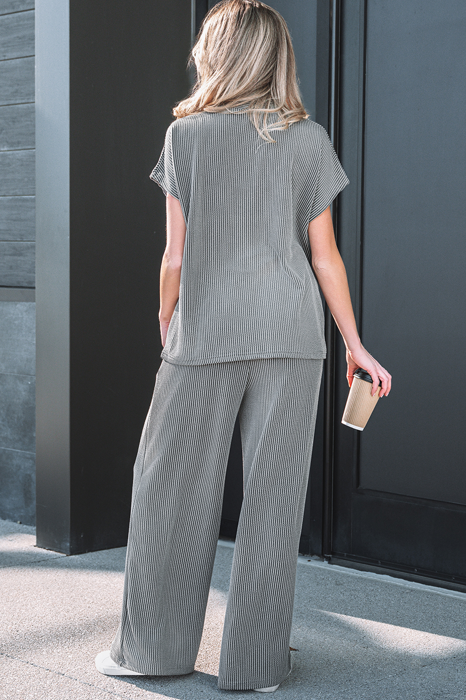 Dark Grey Twisted Ribbed High Neck Loose Tee Elastic High Waist Loose Pant Set - loveforevers