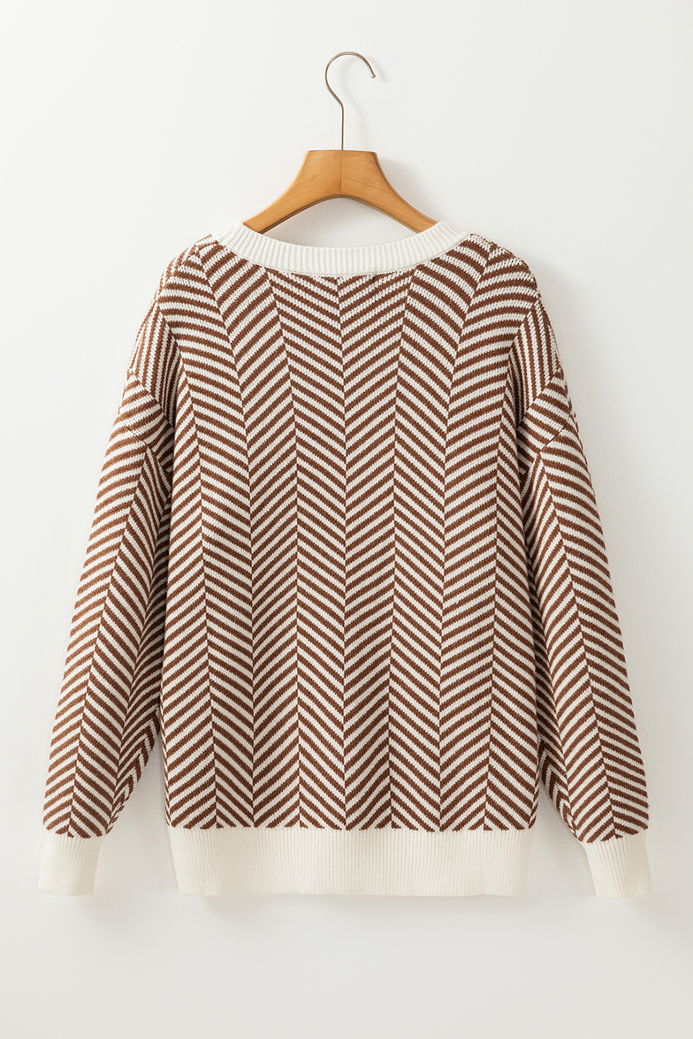 Coffee Contrast Edge Crew Neck Drop Shoulder Sweater - loveforevers