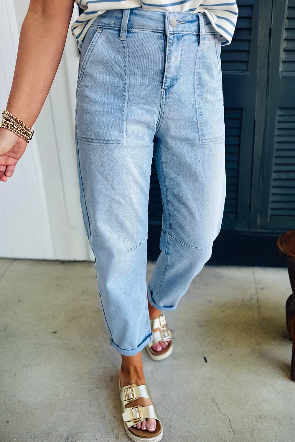 Beau Blue High Rise Barrel Relaxed Patch Pocket Jeans - loveforevers