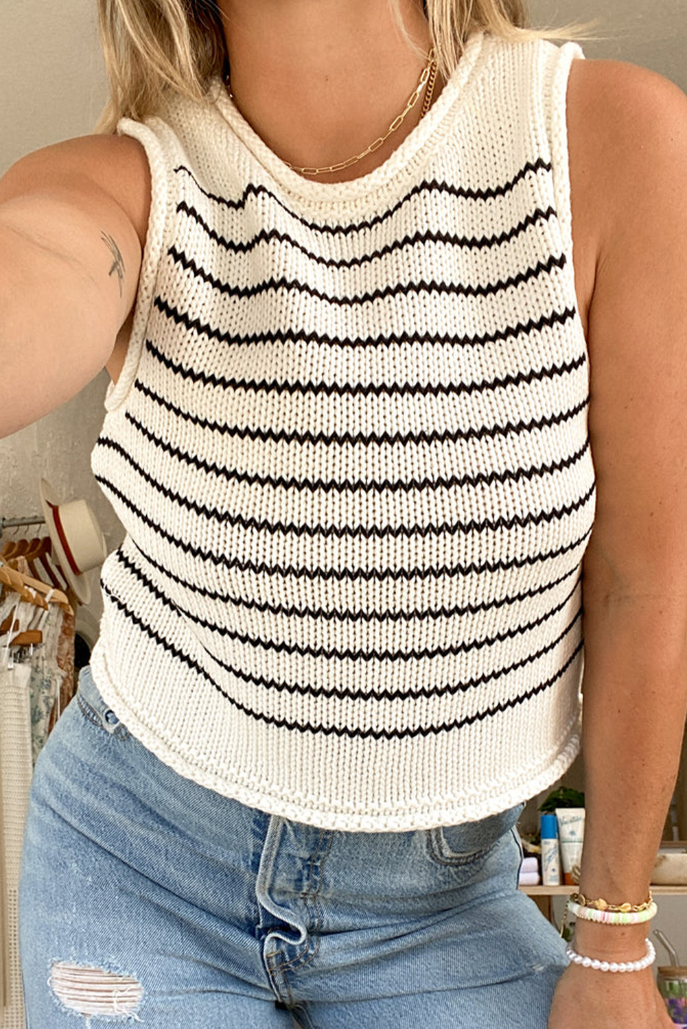 Black Stripe Raw Edge Crew Neck Knitted Vest - loveforevers