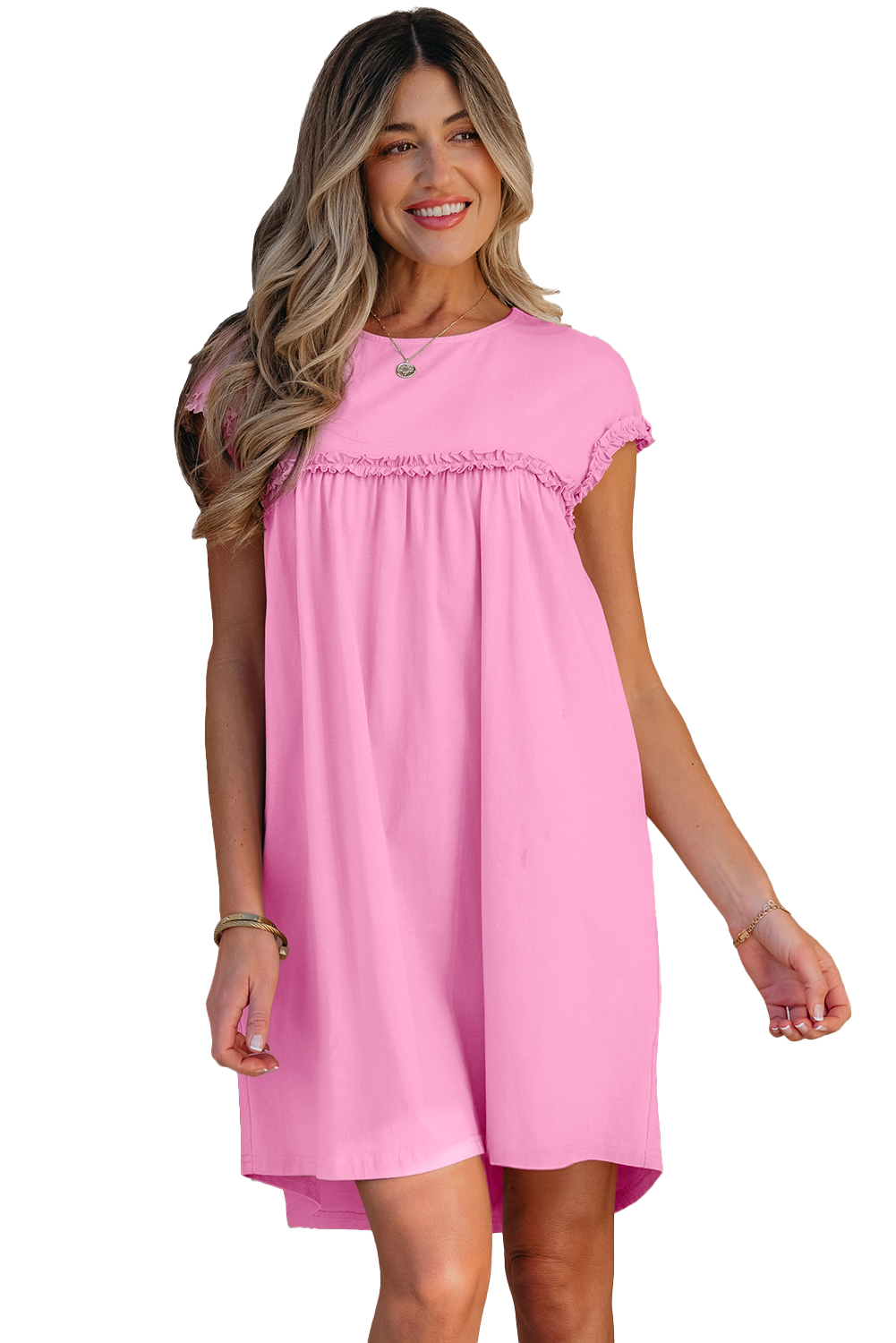Pink Frilled Trim Crew Neck Loose Fit Mini Dress - loveforevers