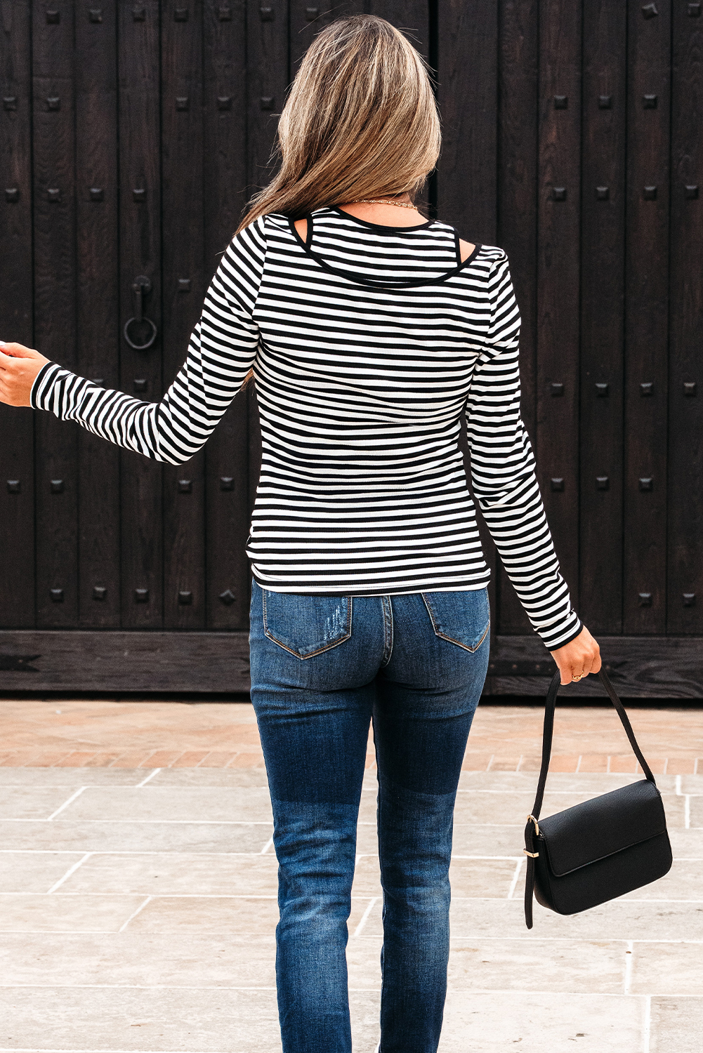 Black Stripe Double-layer Cold Shoulder Long Sleeve Top - loveforevers