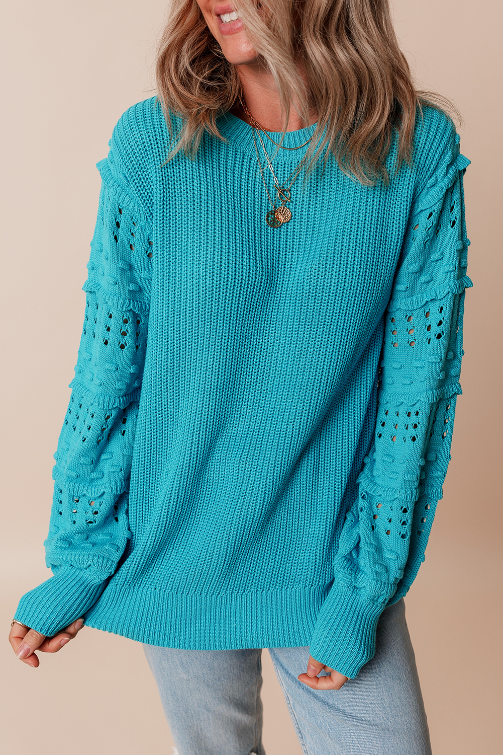 Turquoise Ruffled Eyelet Bubble Sleeve Sweater - loveforevers