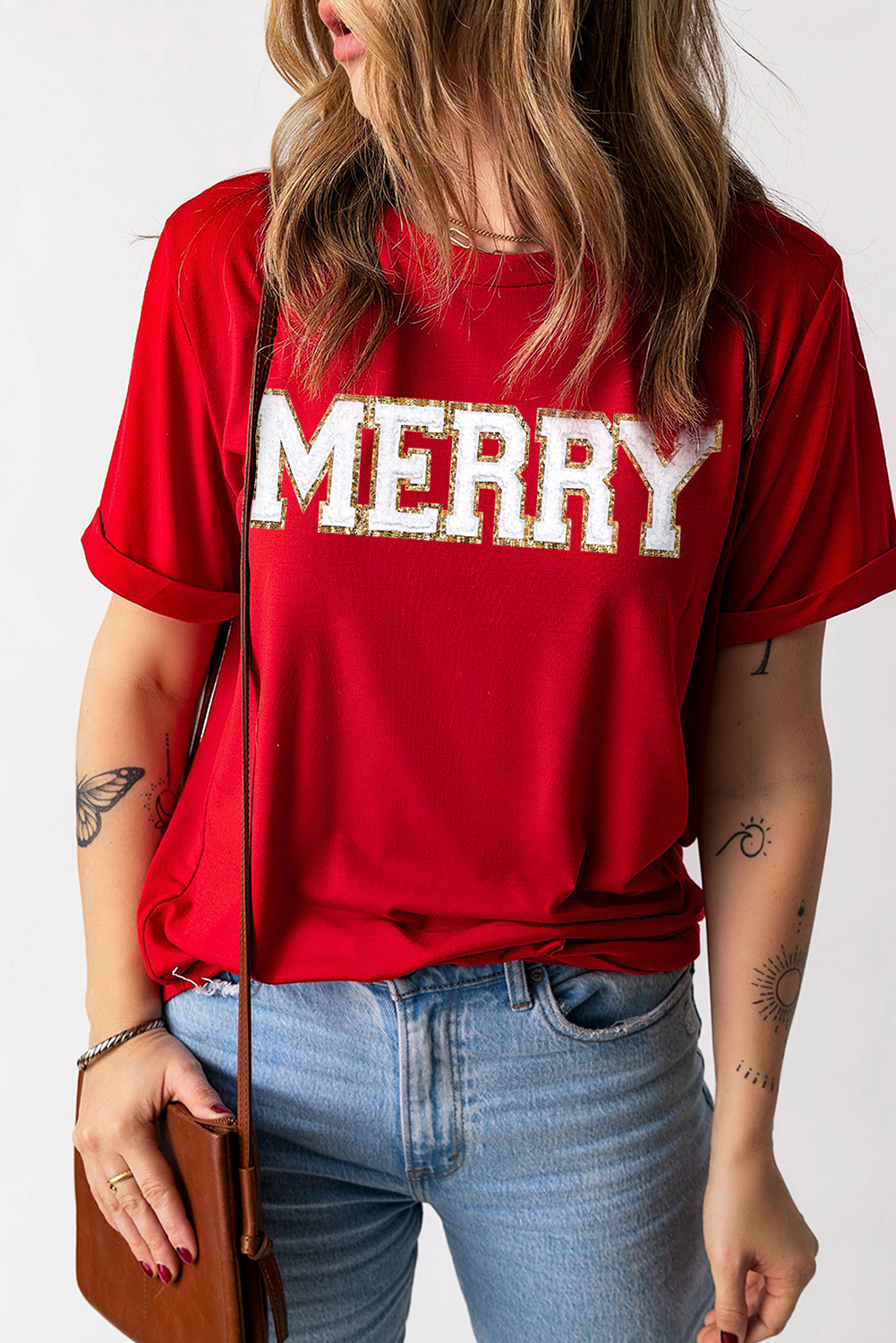 Red Christmas MERRY Graphic Cuffed Sleeve T Shirt - loveforevers