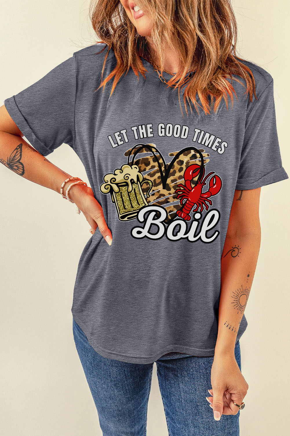 Gray Let The Good Times Boil Crawfish Leopard Heart Graphic Tee - loveforevers