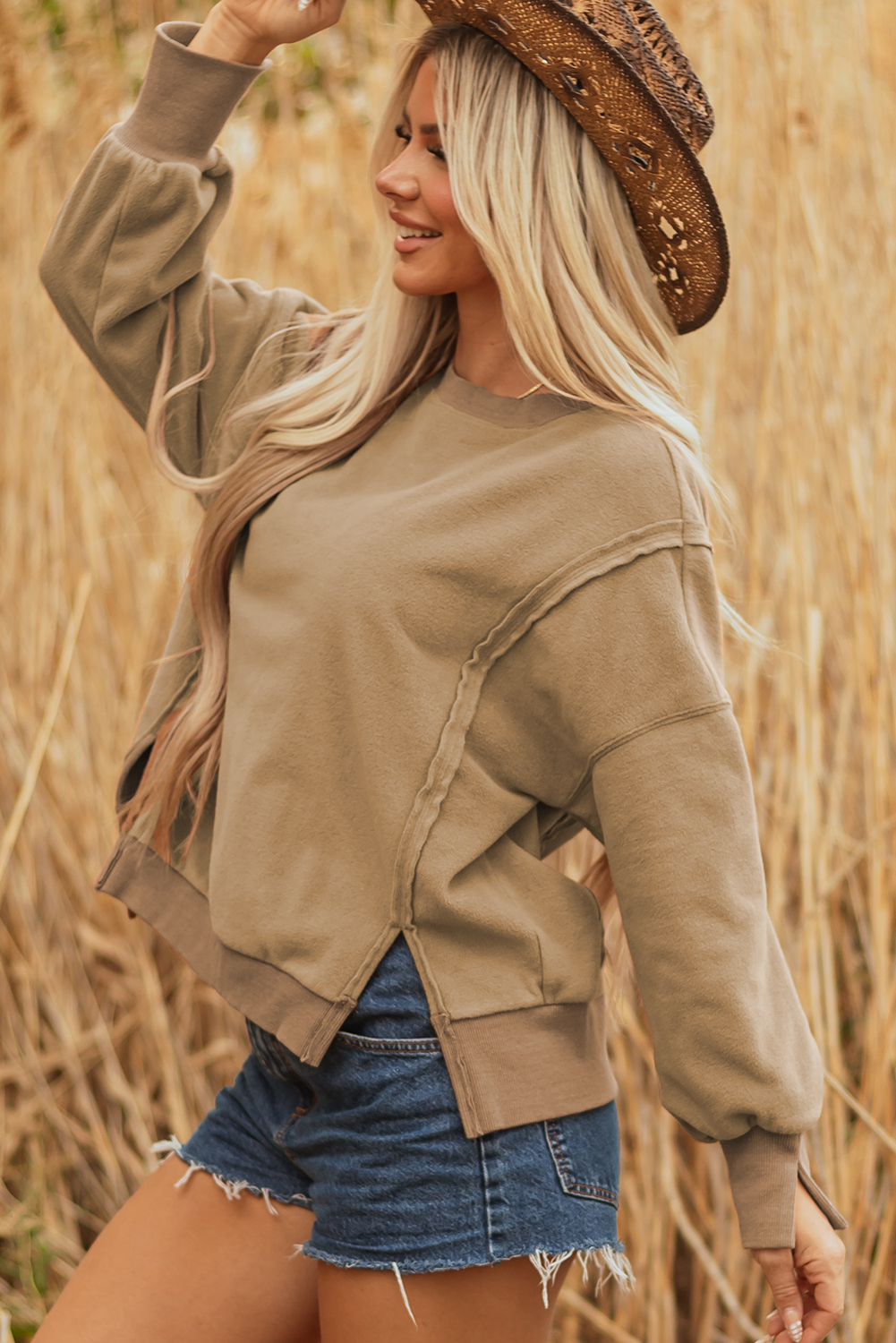 Dark Khaki Fuzzy Sherpa Splicing Pullover Sweatshirt with Side Slit - loveforevers