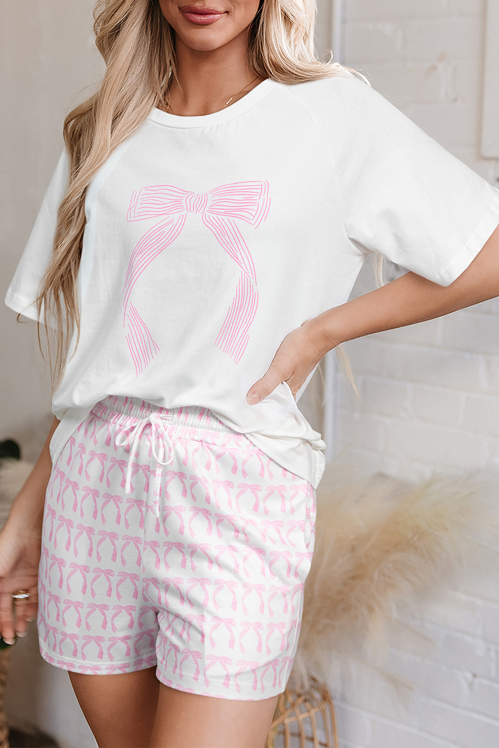 Pink Bow Knot Print Loose Fit Two Piece Casual Lounge Set - loveforevers