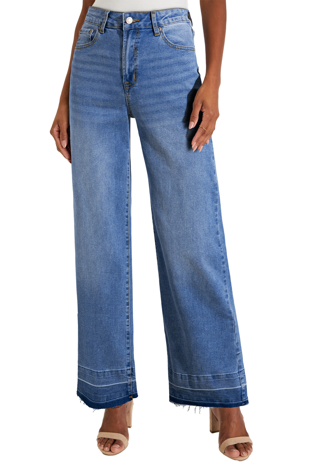 Real Teal Raw Hem Unique Cuffs Straight High Rise Loose Jeans - loveforevers