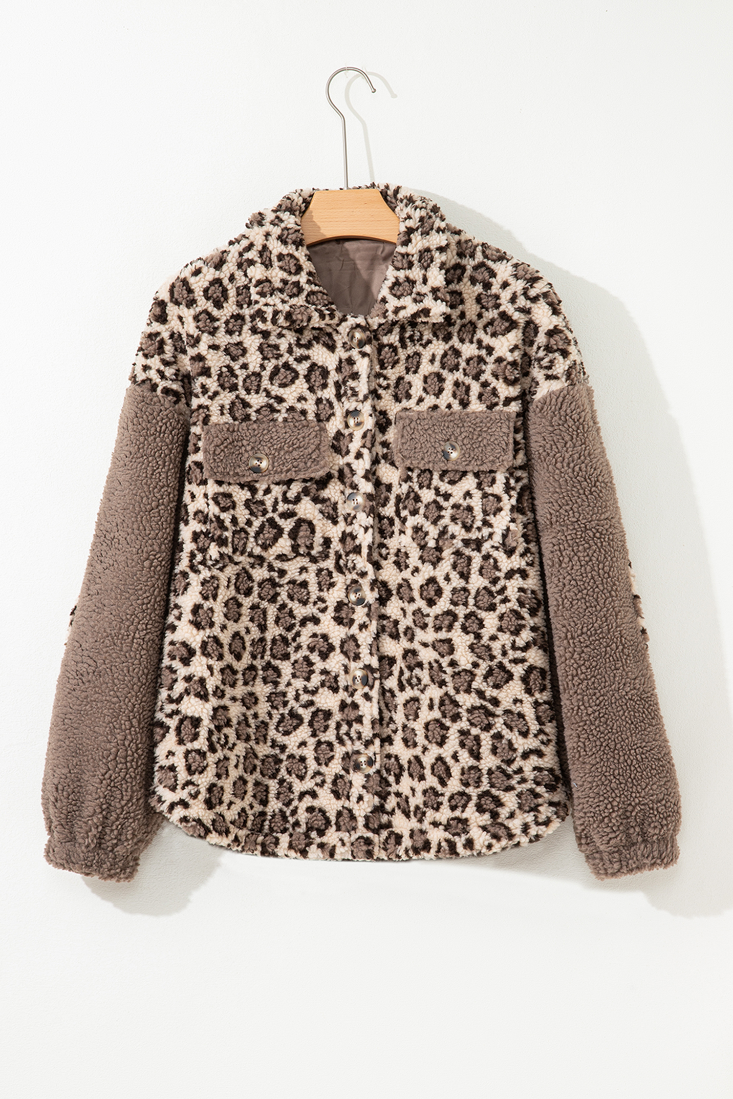 Brown Sherpa Leopard Print Flap Pocket Collared Button Up Jacket - loveforevers