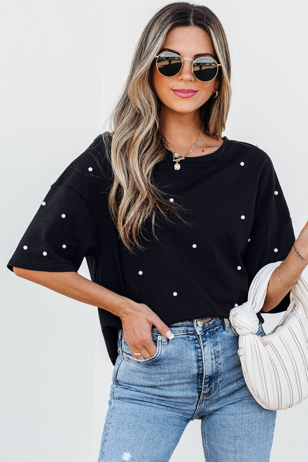 Black Pearl Beaded  Drop Shoulder Crewneck T Shirt - loveforevers