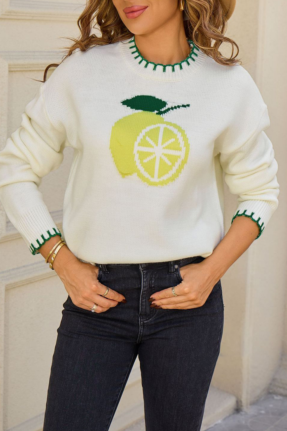 White Lemon Pattern Contrast Stitched Trim Drop Shoulder Sweater - loveforevers