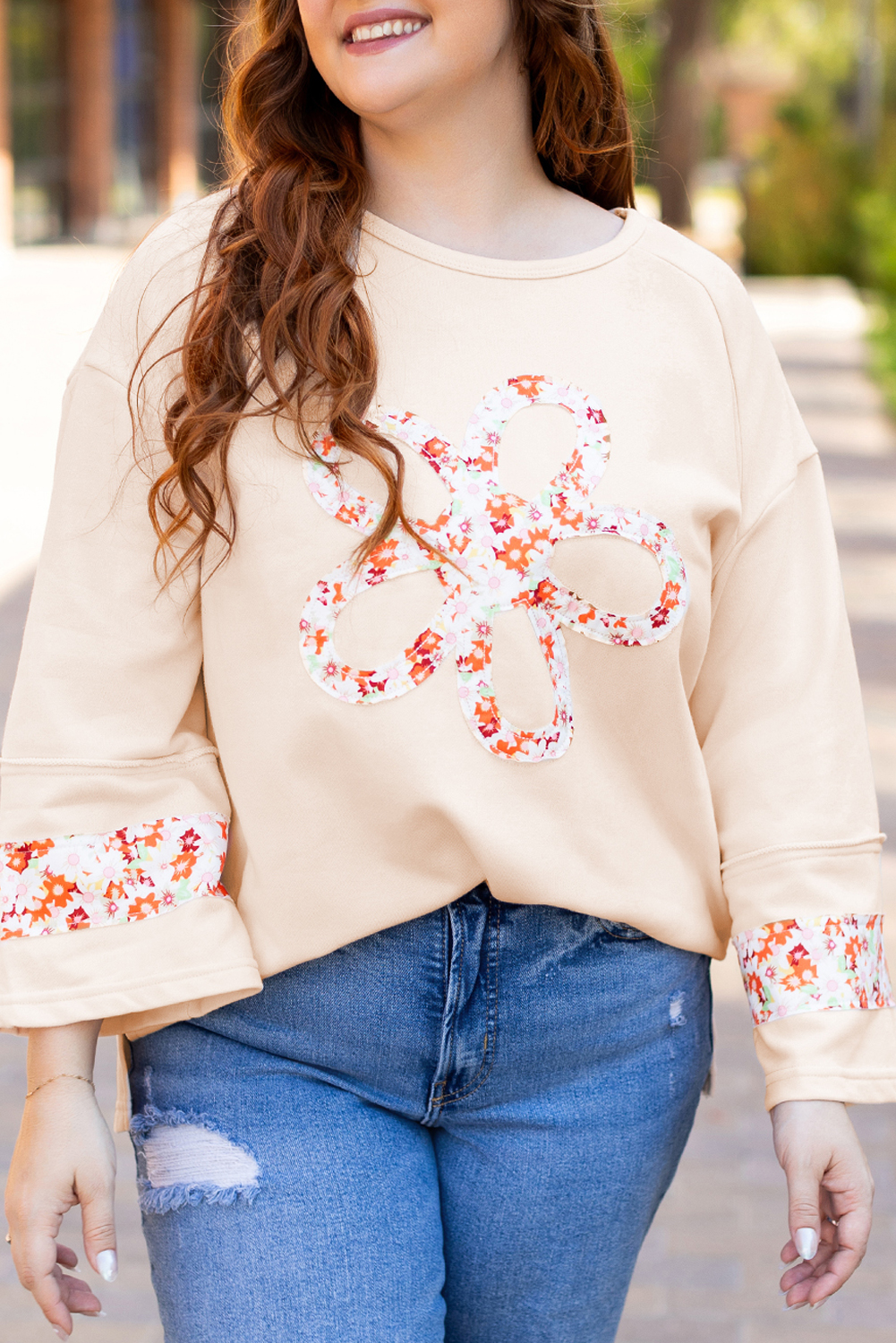 Beige Flower Patch Graphic Exposed Seam Wide Sleeve Top - loveforevers
