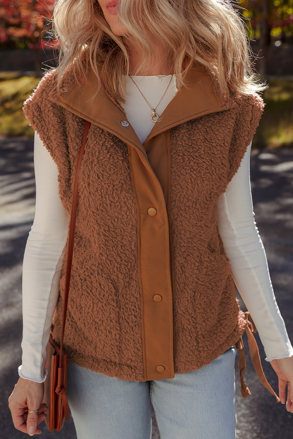 Cinnamon Faux Fur Snap Button Front Knot Side Plush Vest with Pockets - loveforevers
