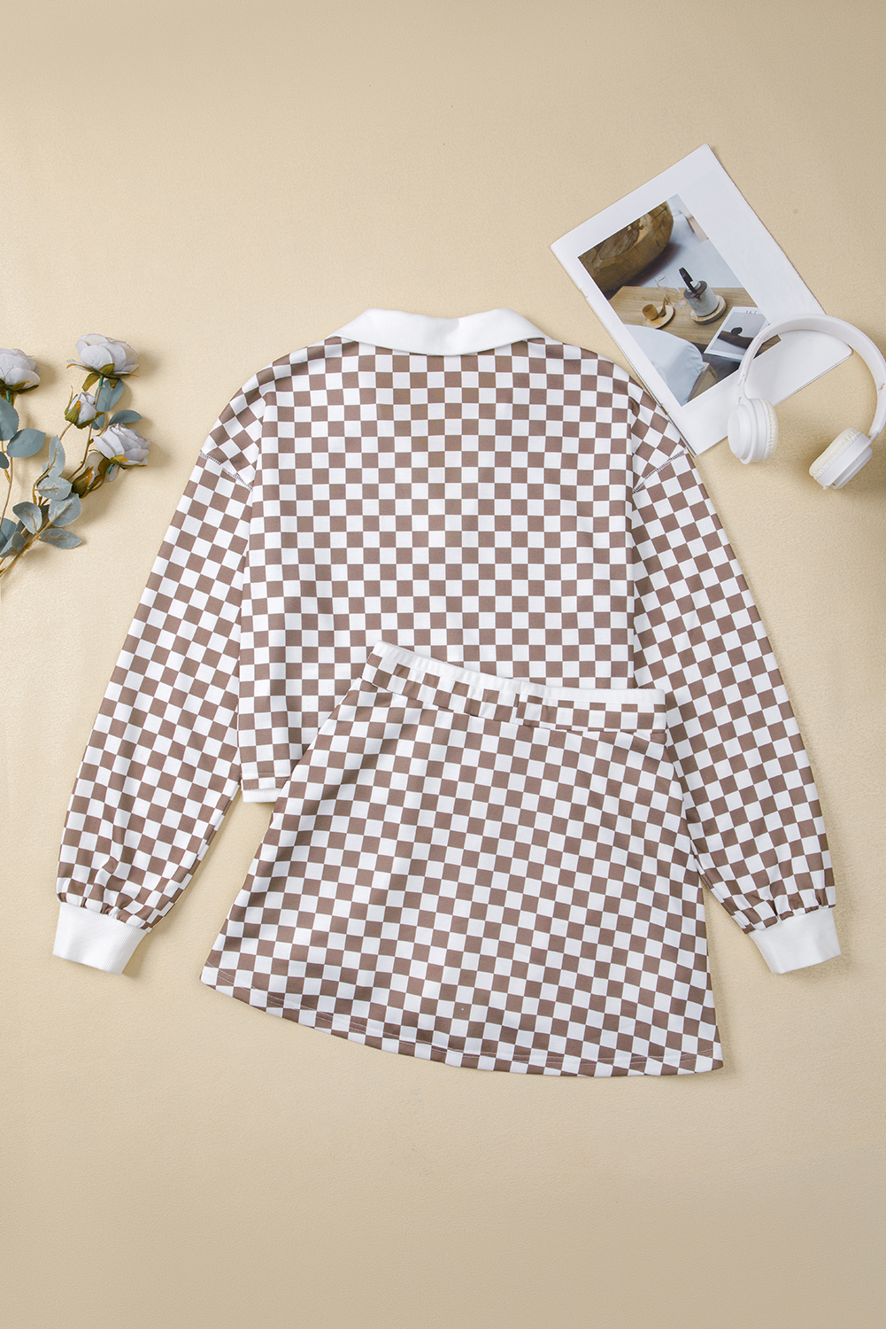 Khaki Checkered Print Polo Collar Cropped Long Sleeve Top Drawstring Mini Skirt Set - loveforevers