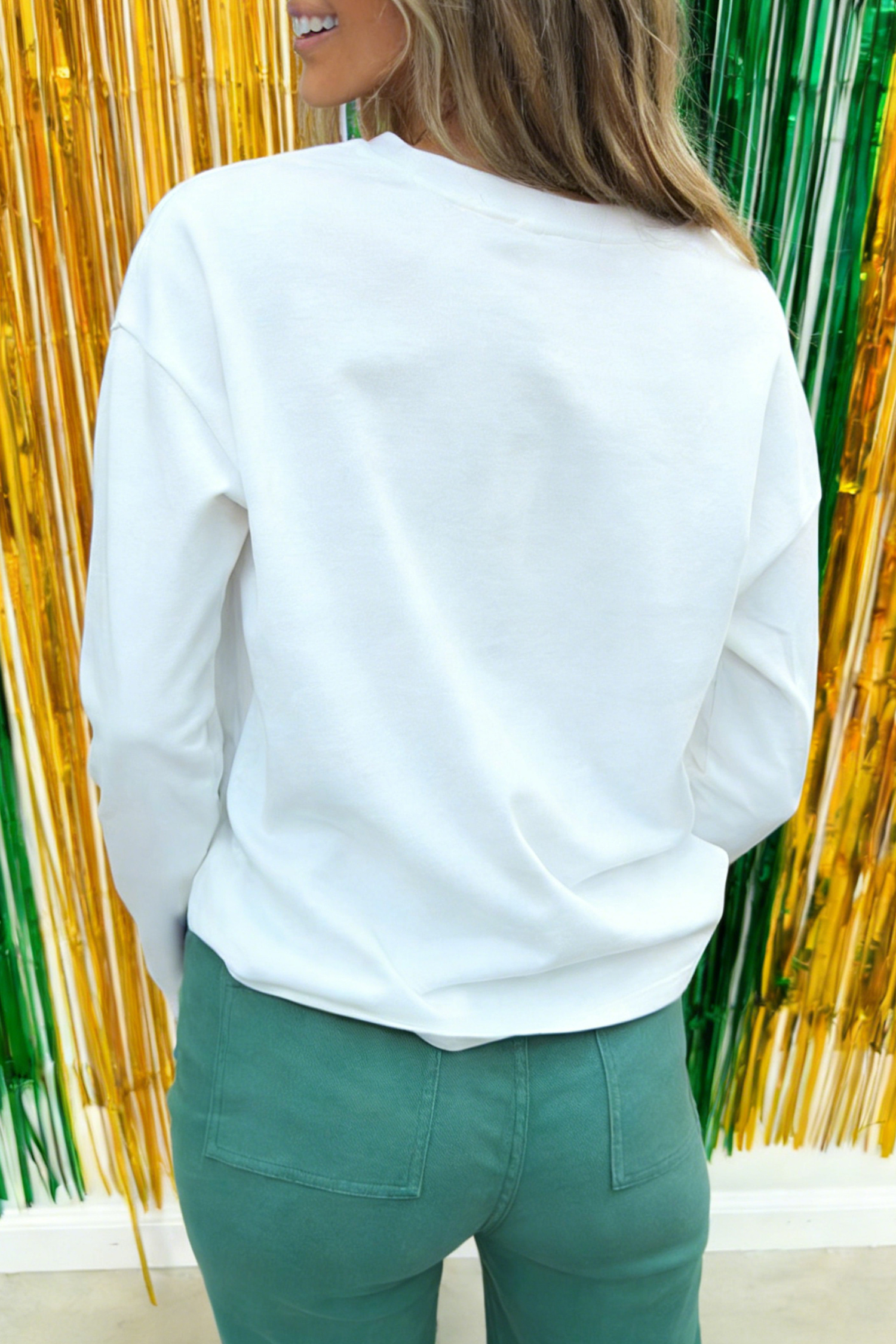 White LUCKY Clover Embroidered Long Sleeve Top - loveforevers