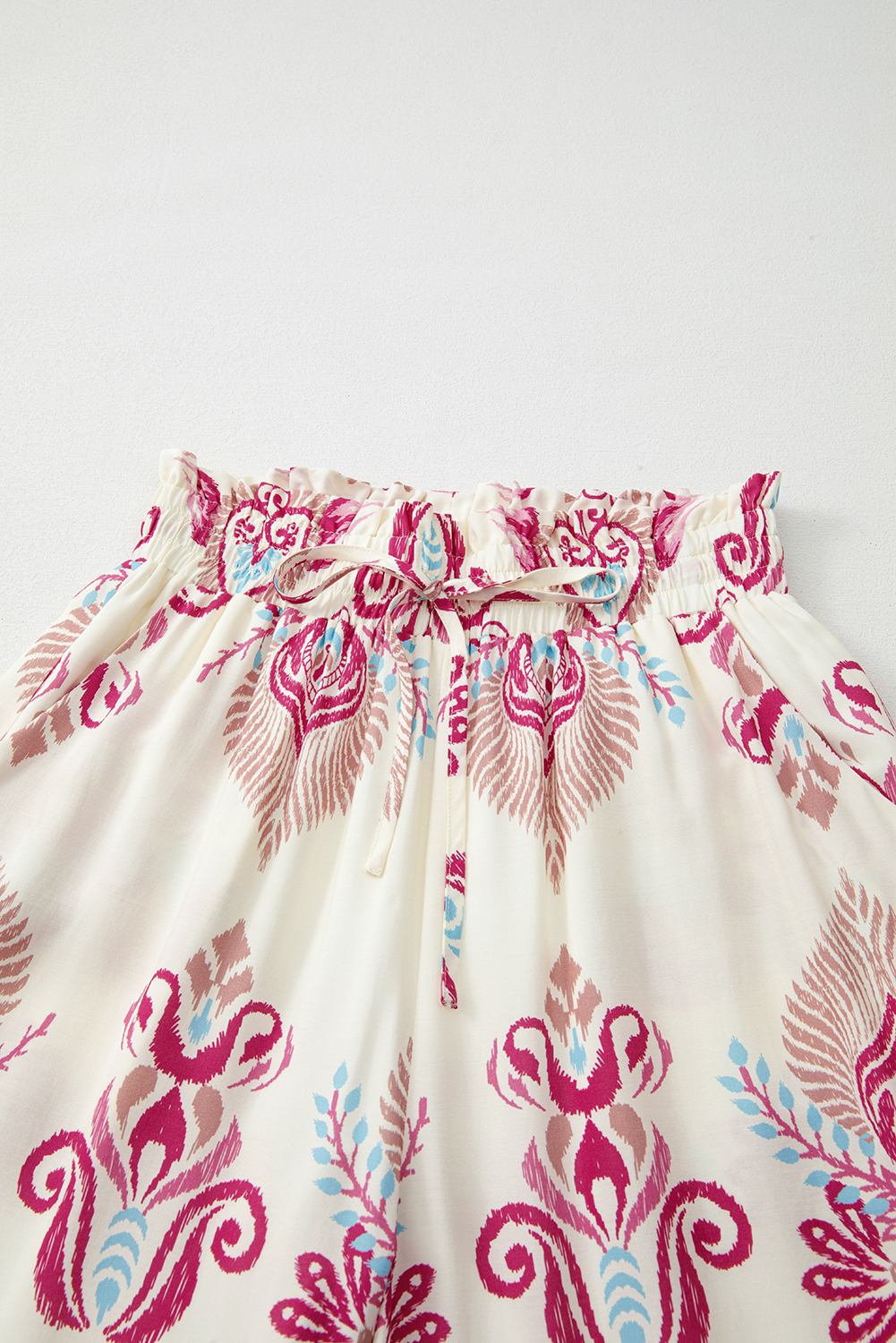 Rose Boho Printed Shirred High Waist Flowy Wide Leg Pants - loveforevers