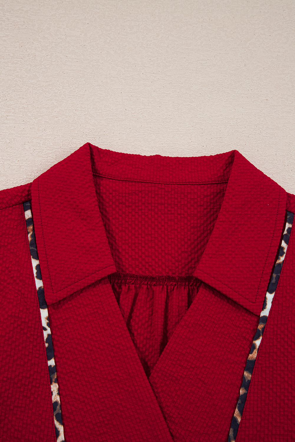 Fiery Red Textured V Neck Leopard Contrasted Trim Long Sleeve Shift Mini Dress - loveforevers