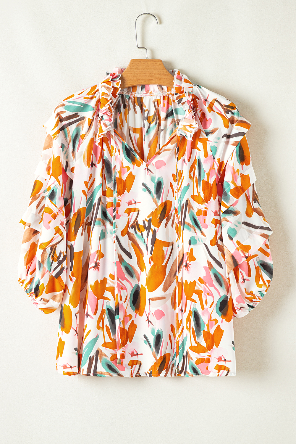Yellow Abstract Print Drawstring Frilled V Neck 3/4 Sleeve Blouse - loveforevers