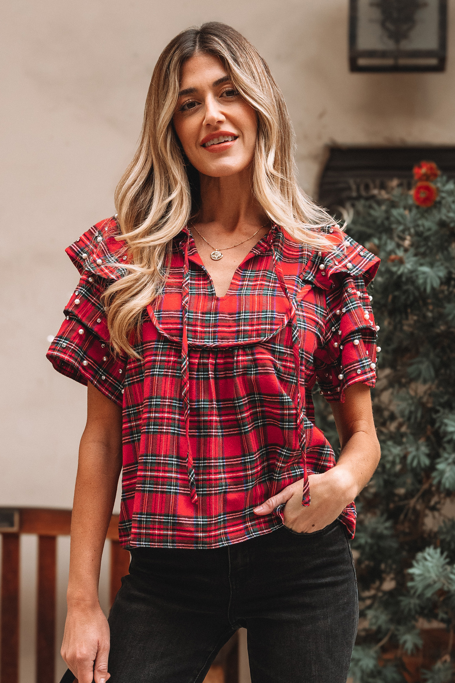 Red Festive Plaid Pearl Embellished Ruffle Short Sleeve Blouse - loveforevers