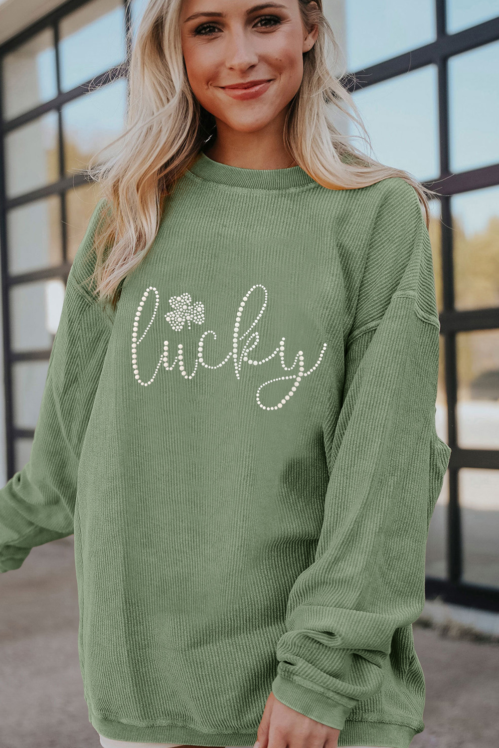 Grass Green Rhinestone lucky Clover Graphic Ribbed St Patrick Sweatshirt - loveforevers