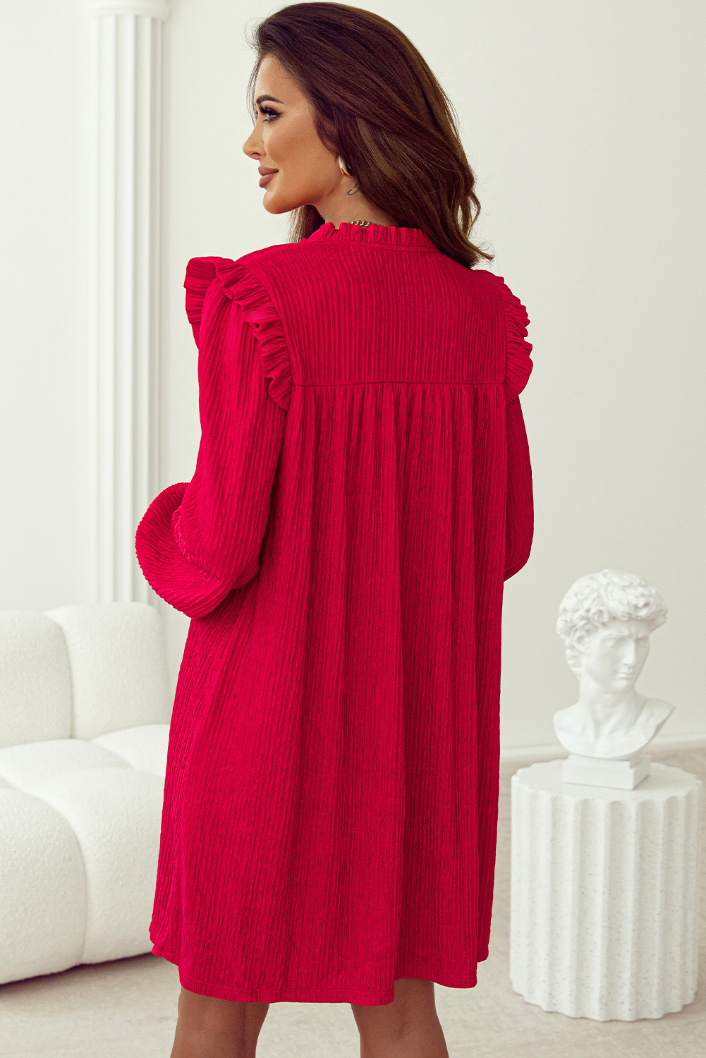 Fiery Red Textured Ruffled Trim V Neck Loose Fit Mini Dress - loveforevers