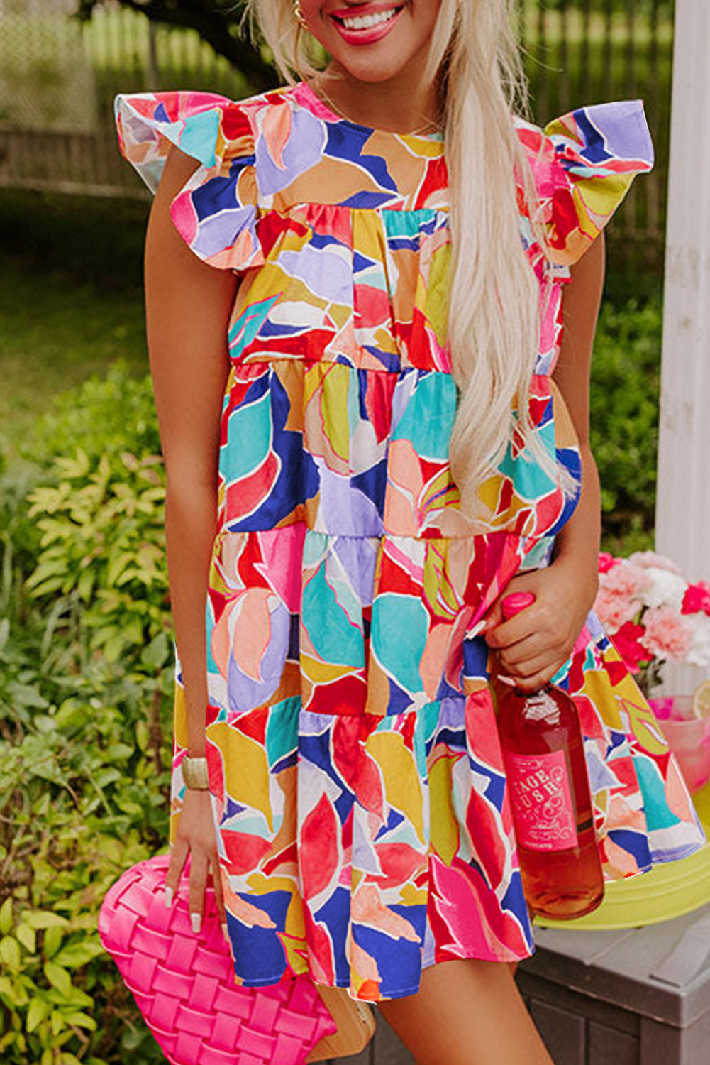 Pink Abstract Printed Ruffled Flutter Sleeve Tiered Mini Dress - loveforevers