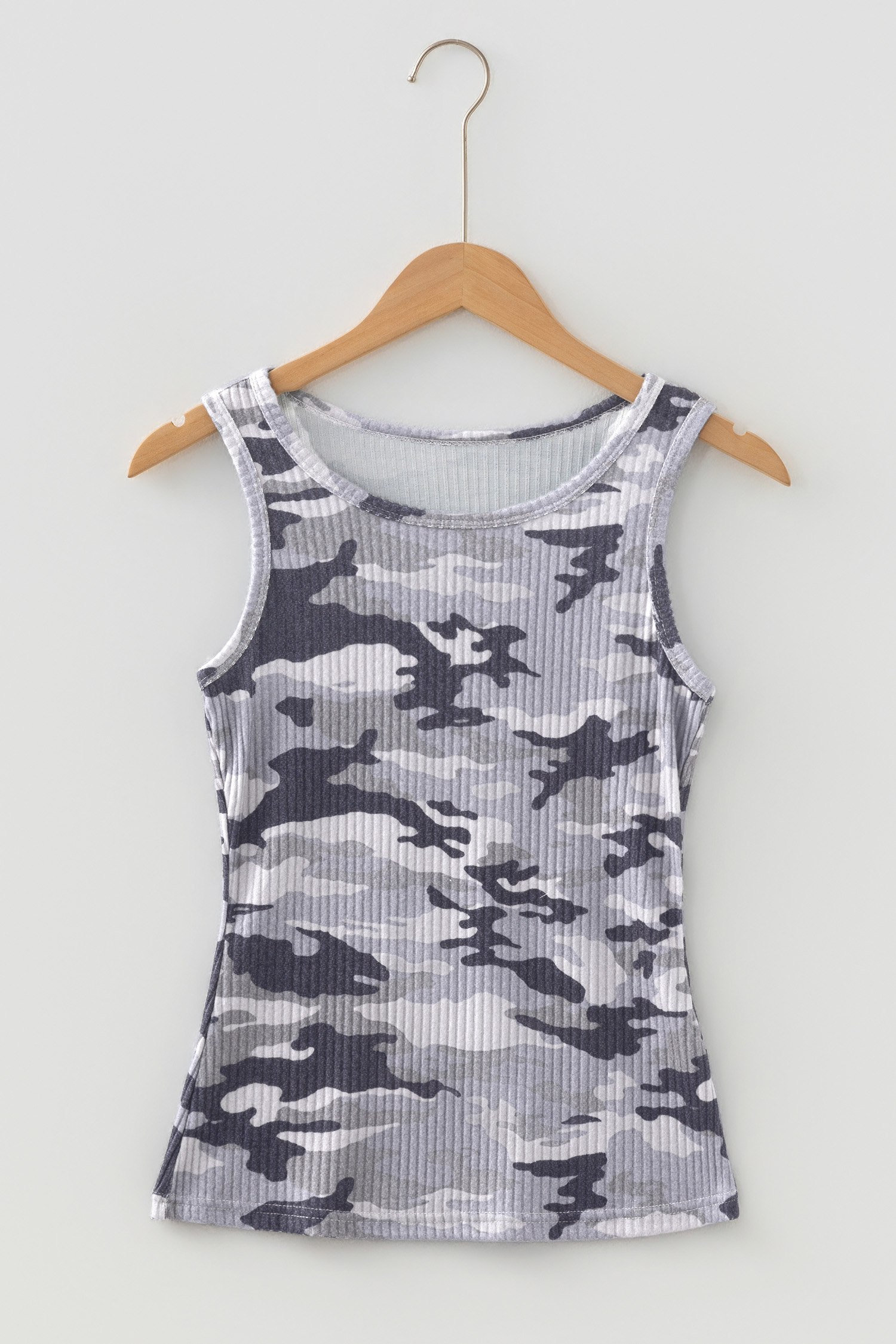 Gray Camouflage Print Ribbed Knit Round Neck Tank Top - loveforevers