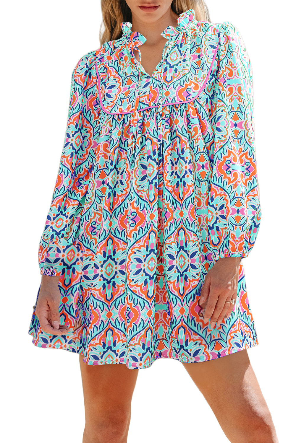 Khaki Abstract Printed Long Sleeve Tied Neckline Mini Dress - loveforevers