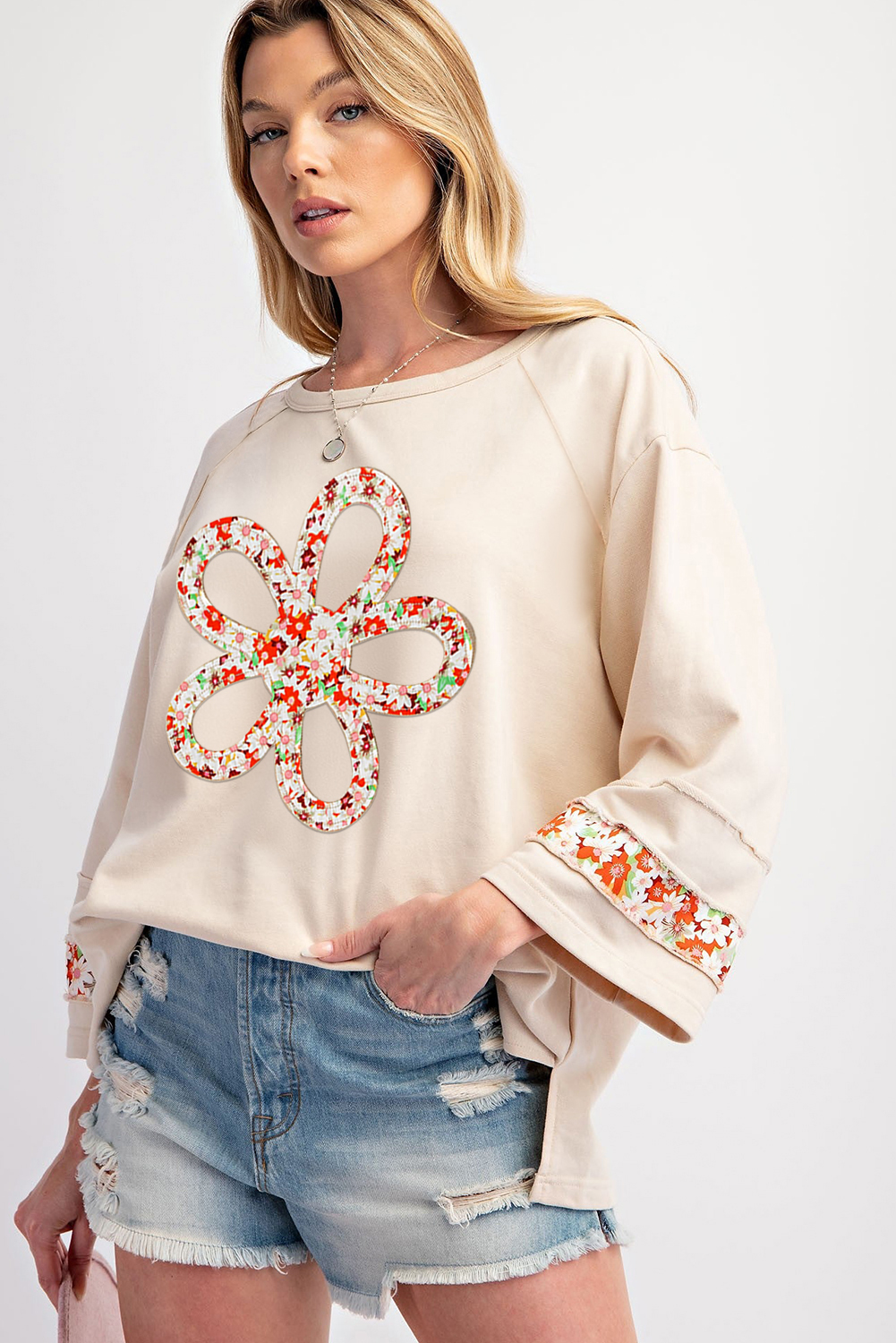 Beige Flower Patch Graphic Exposed Seam Wide Sleeve Top - loveforevers