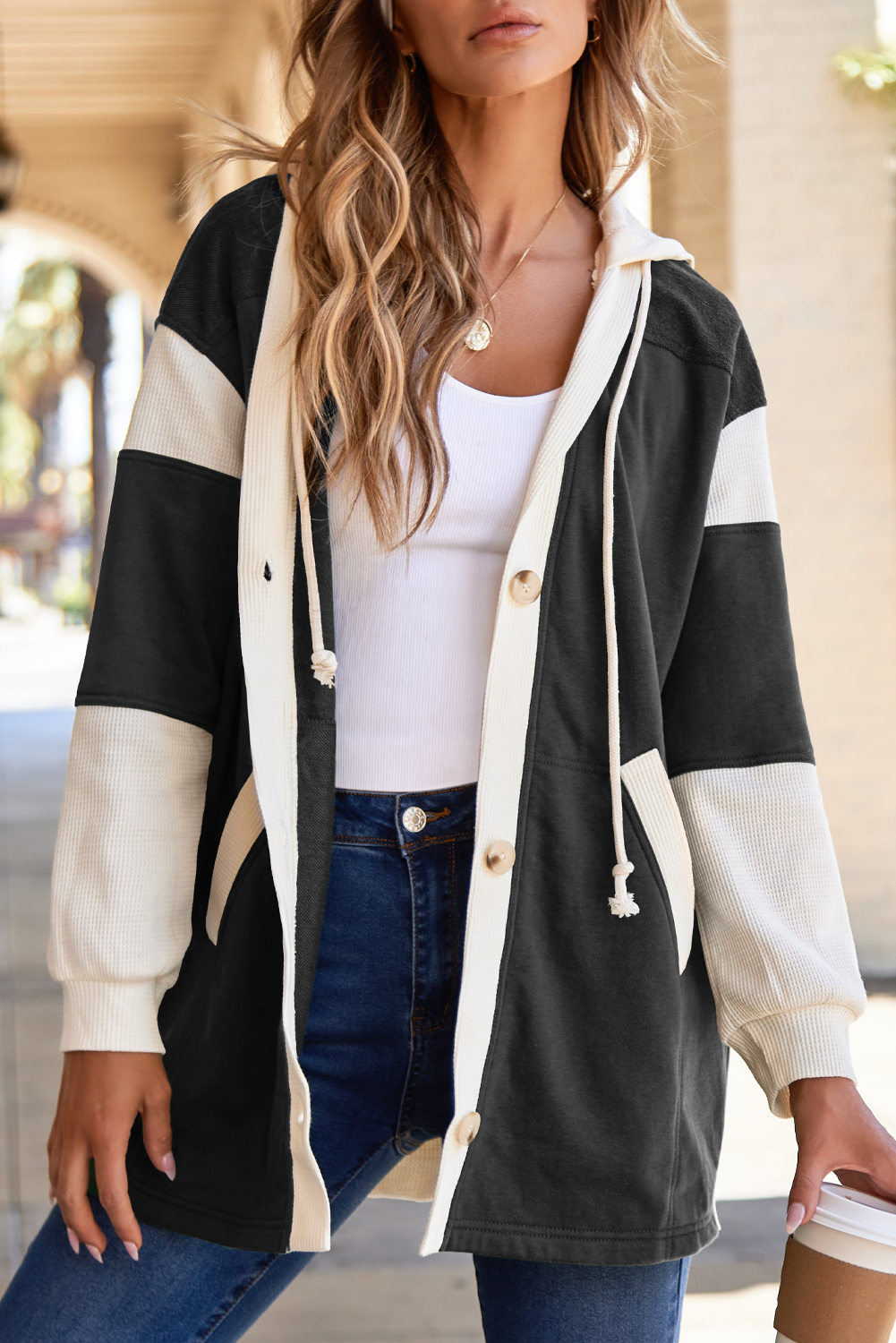Black Waffle Contrast Knit Color Block Patchwork Button Front Oversize Hoodie - loveforevers