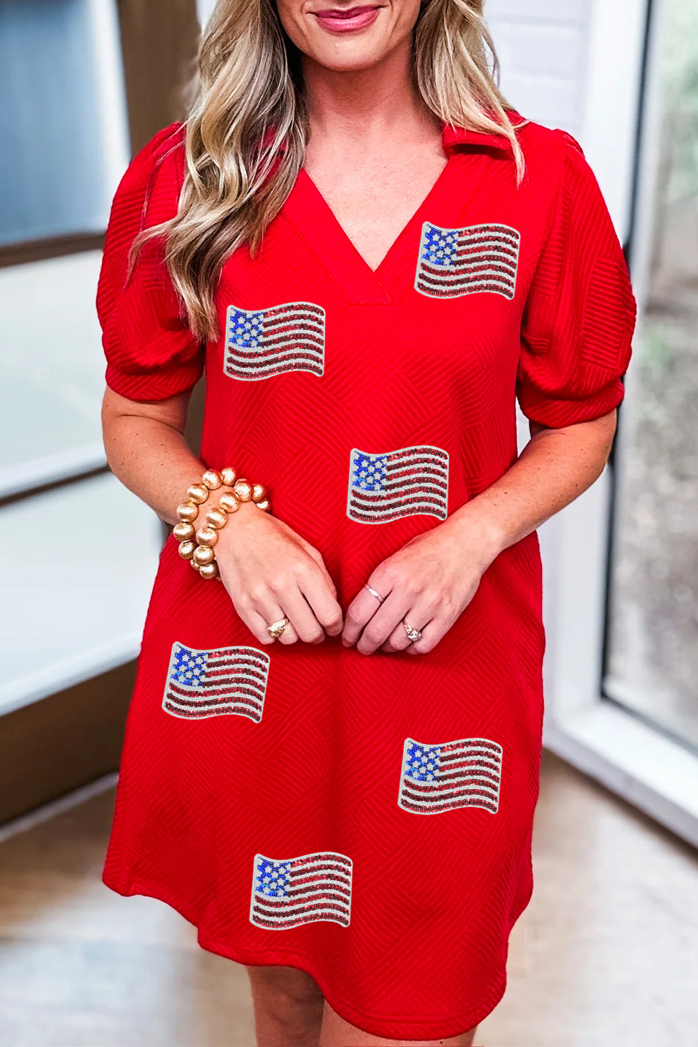Fiery Red Sequin American Flag Patched Polo Collar Textured T Shirt Dress - loveforevers