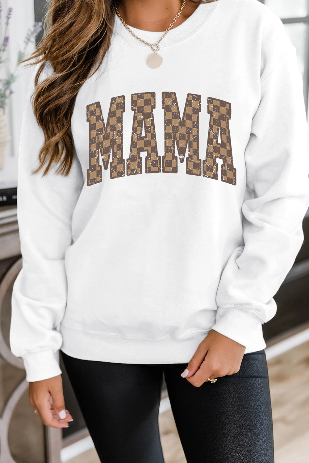 White Checkerboard MAMA Graphic Drop Shoulder Sweatshirt - loveforevers