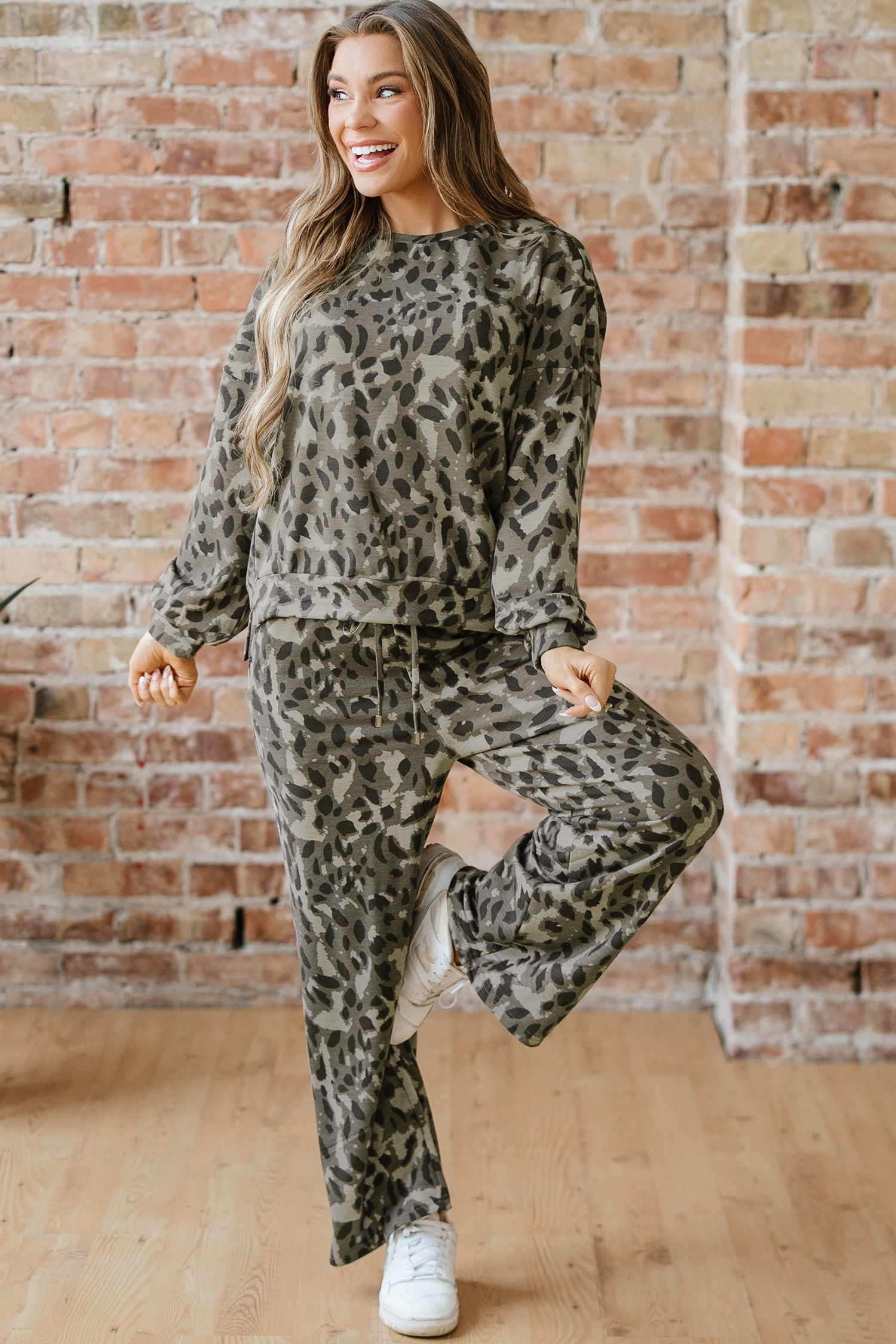 Brown Leopard Loose Tee Drawstring Waist Barrel Pants Set - loveforevers